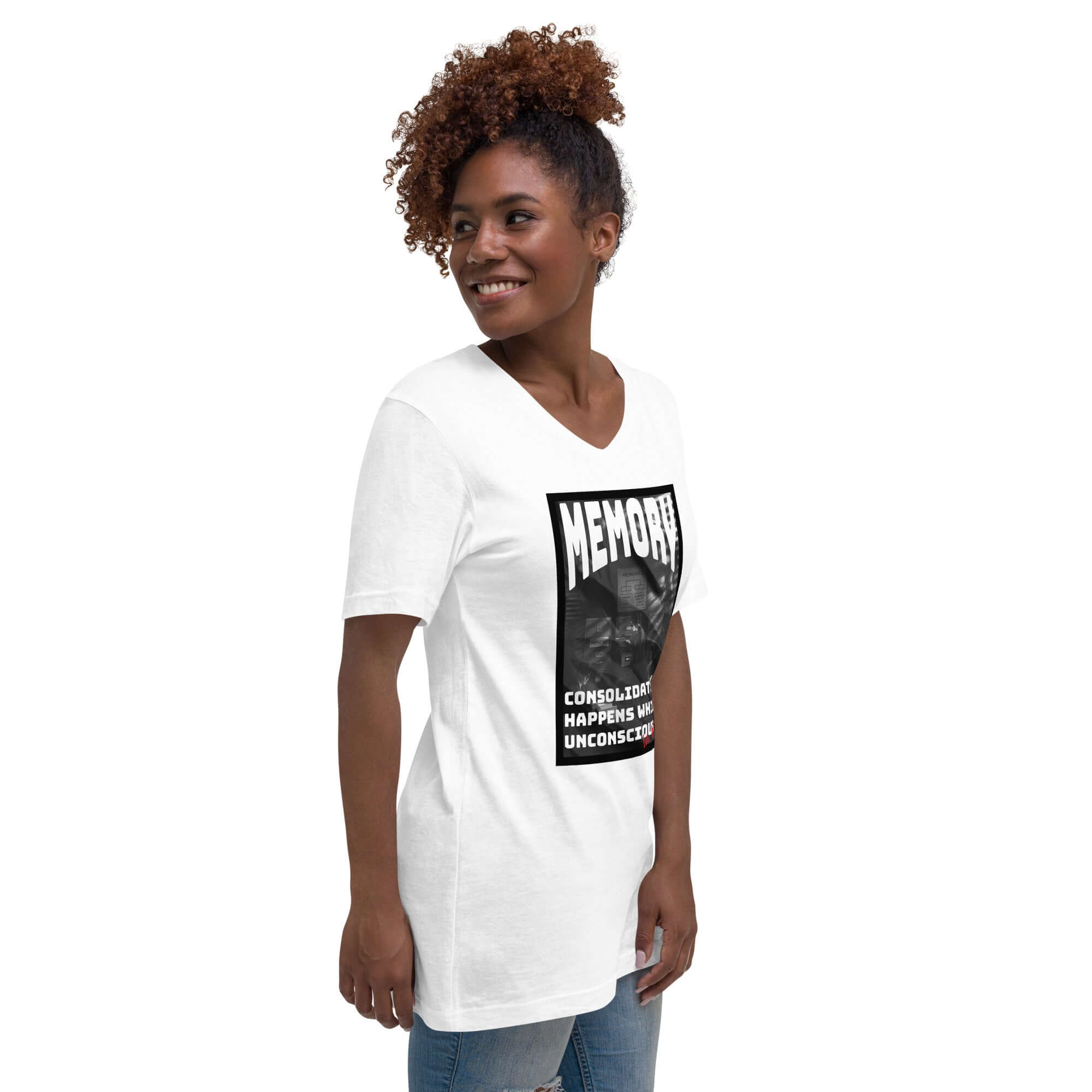 Woman wearing Memory T-Shirt featuring "Consolidation Happens While Unconscious" vintage design, side view in casual pose.