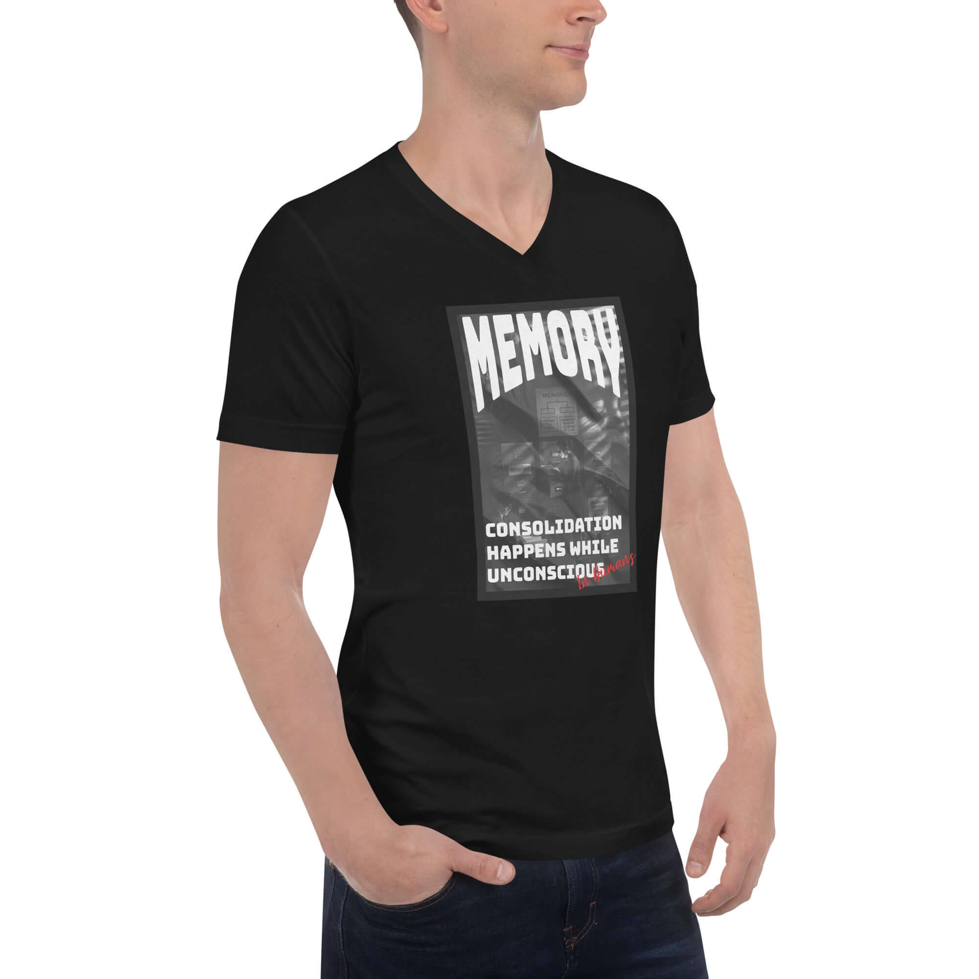 Monochrome Memory T-Shirt with "Consolidation Happens While Unconscious" design, worn by a model, emphasizing sleep and data management.