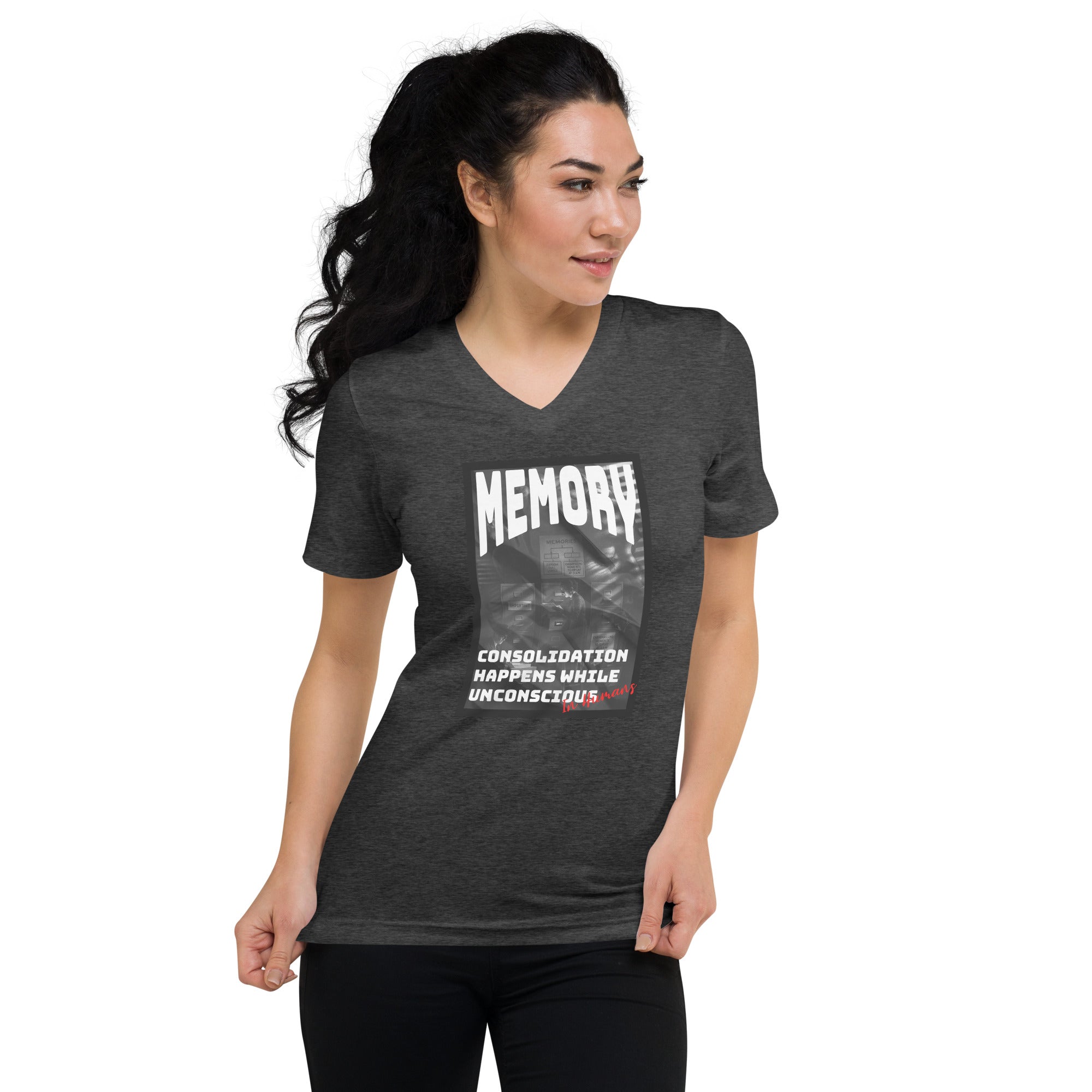 Woman wearing vintage T-shirt featuring 'Memory: Consolidation Happens While Unconscious' design in monochrome style.