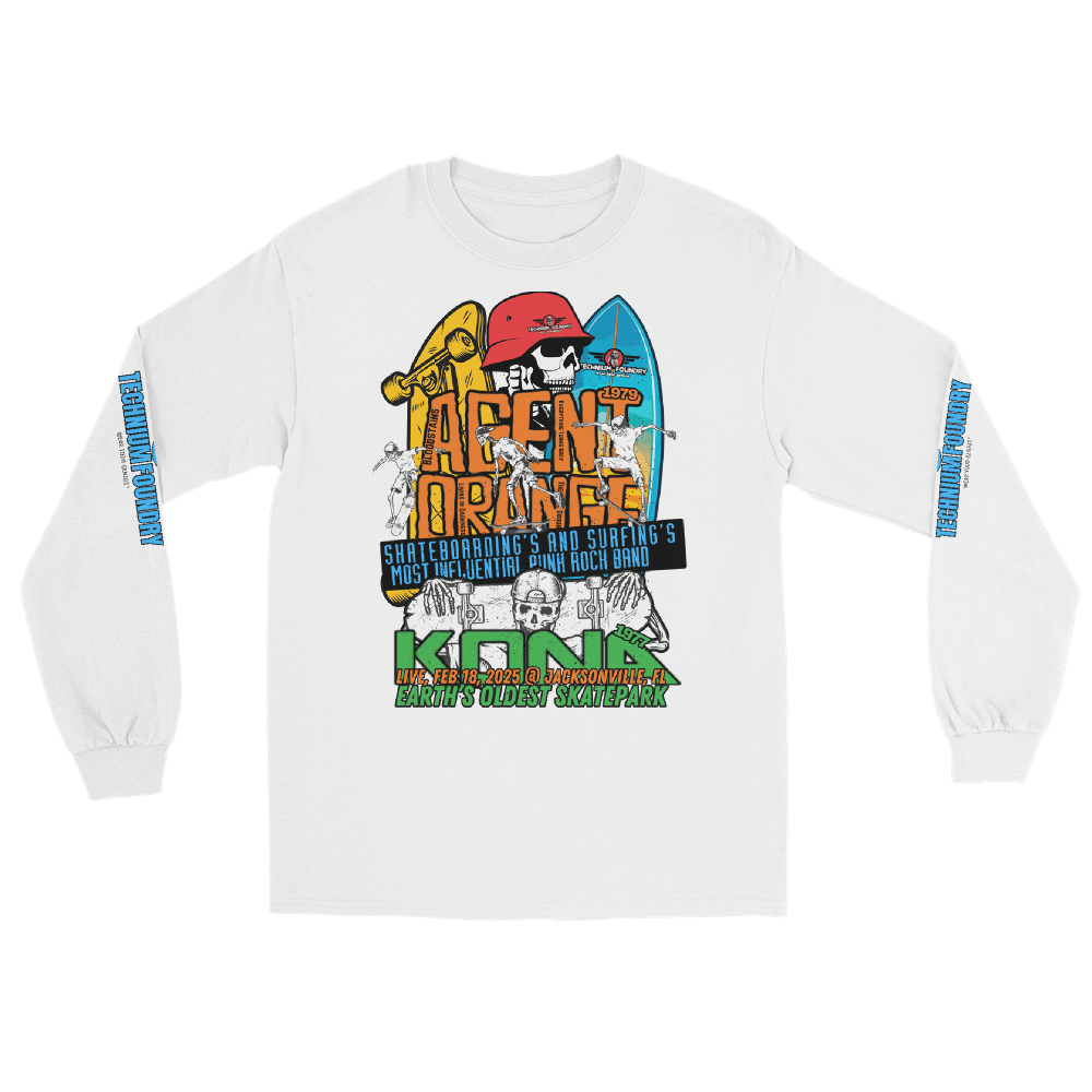 Kona Agent Orange long sleeve shirt with surf-style graphics celebrating iconic skate history at Earth's oldest skatepark.