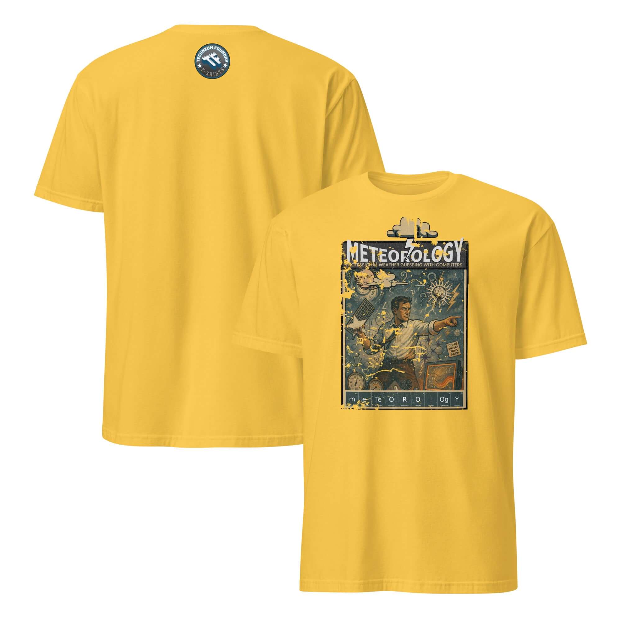 Yellow Meteorology T-Shirt with vintage propaganda design for weather forecasting enthusiasts.