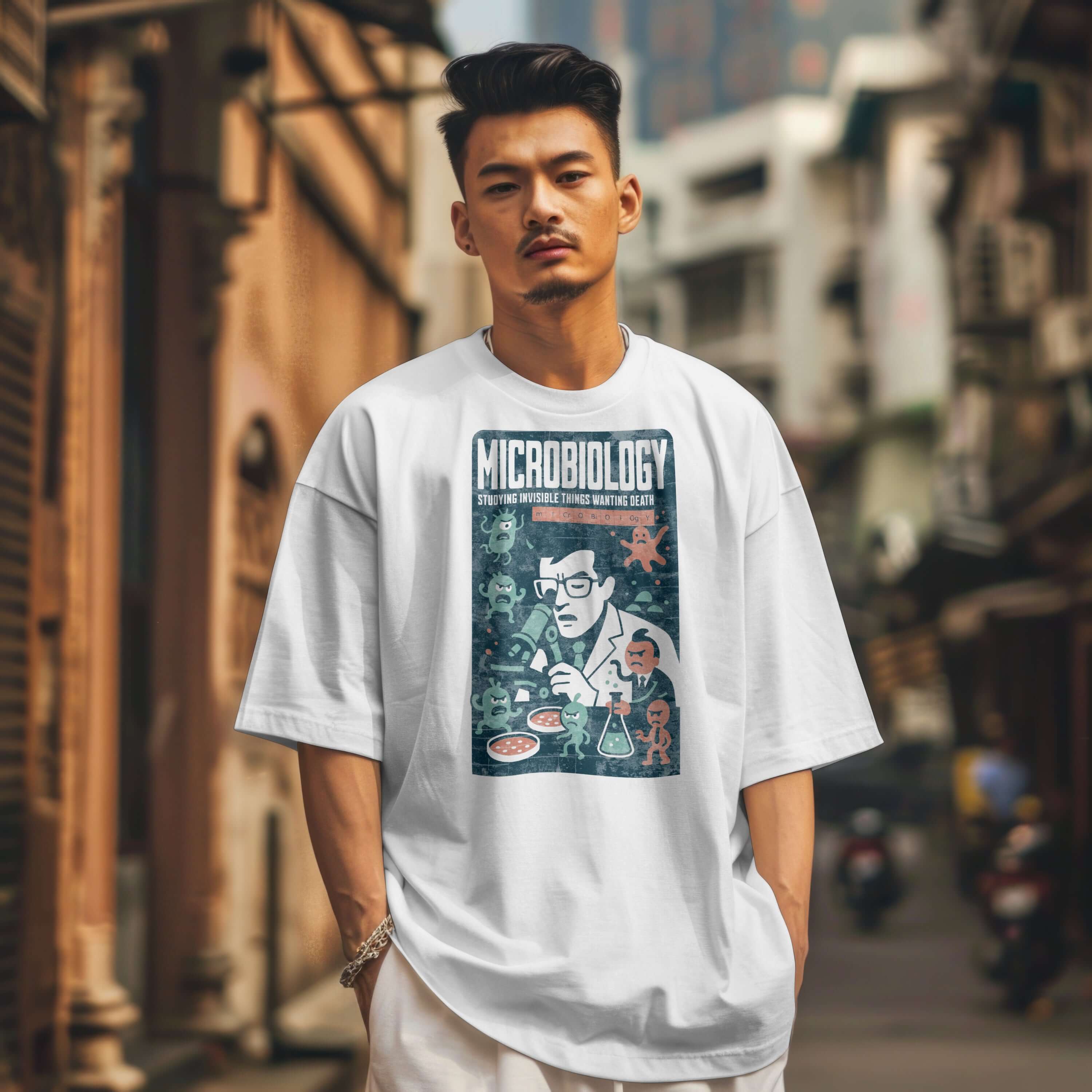 Man wearing a microbiology-themed t-shirt, featuring playful artwork of scientific elements and text "Studying Invisible Things Wanting Death."