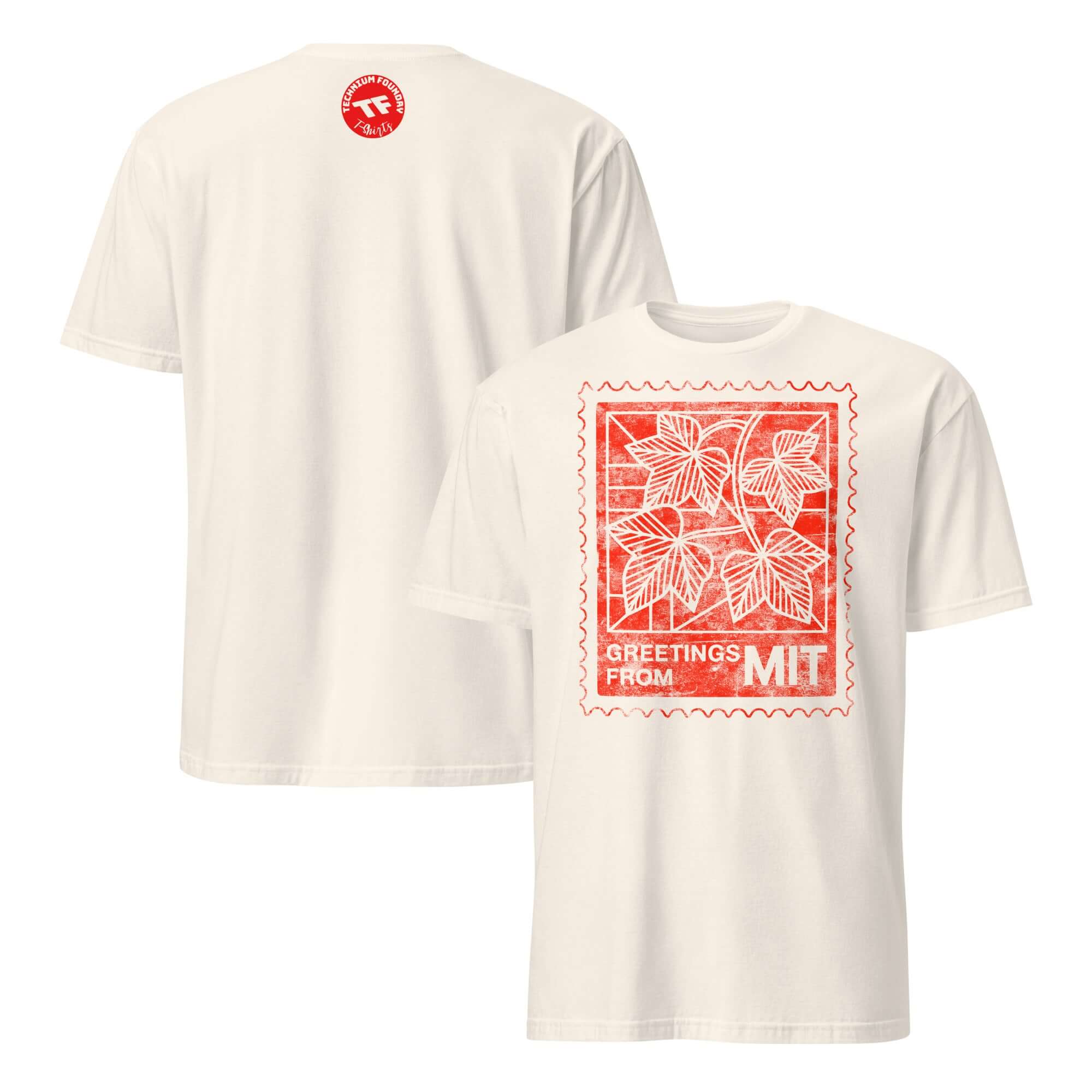 MIT t-shirt with vintage postage stamp design featuring 'Greetings from MIT'. Perfect for academic enthusiasts and college gifts.
