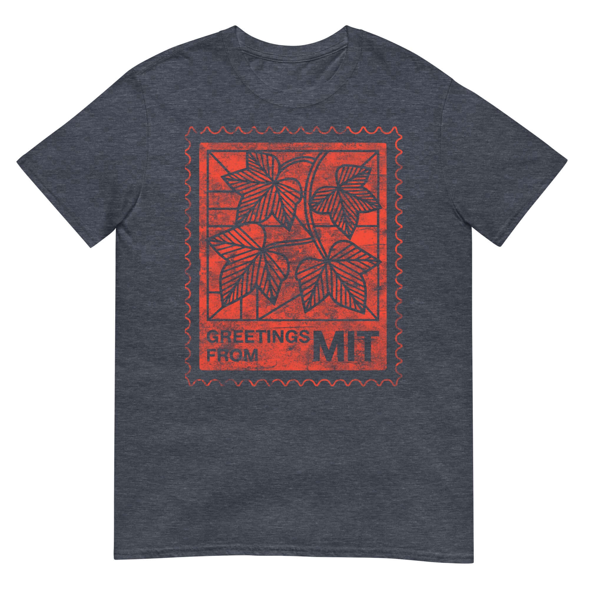 MIT T-Shirt with Vintage Postage Stamp Design, showcasing academic style for college and STEM enthusiasts.