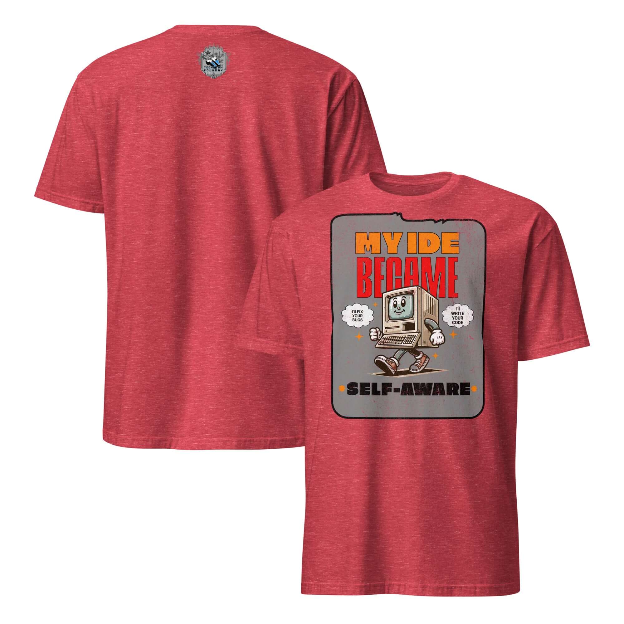 Red T-shirt with 'My IDE Became Self-Aware' design featuring a cute anthropomorphic computer, perfect for AI and coding enthusiasts.