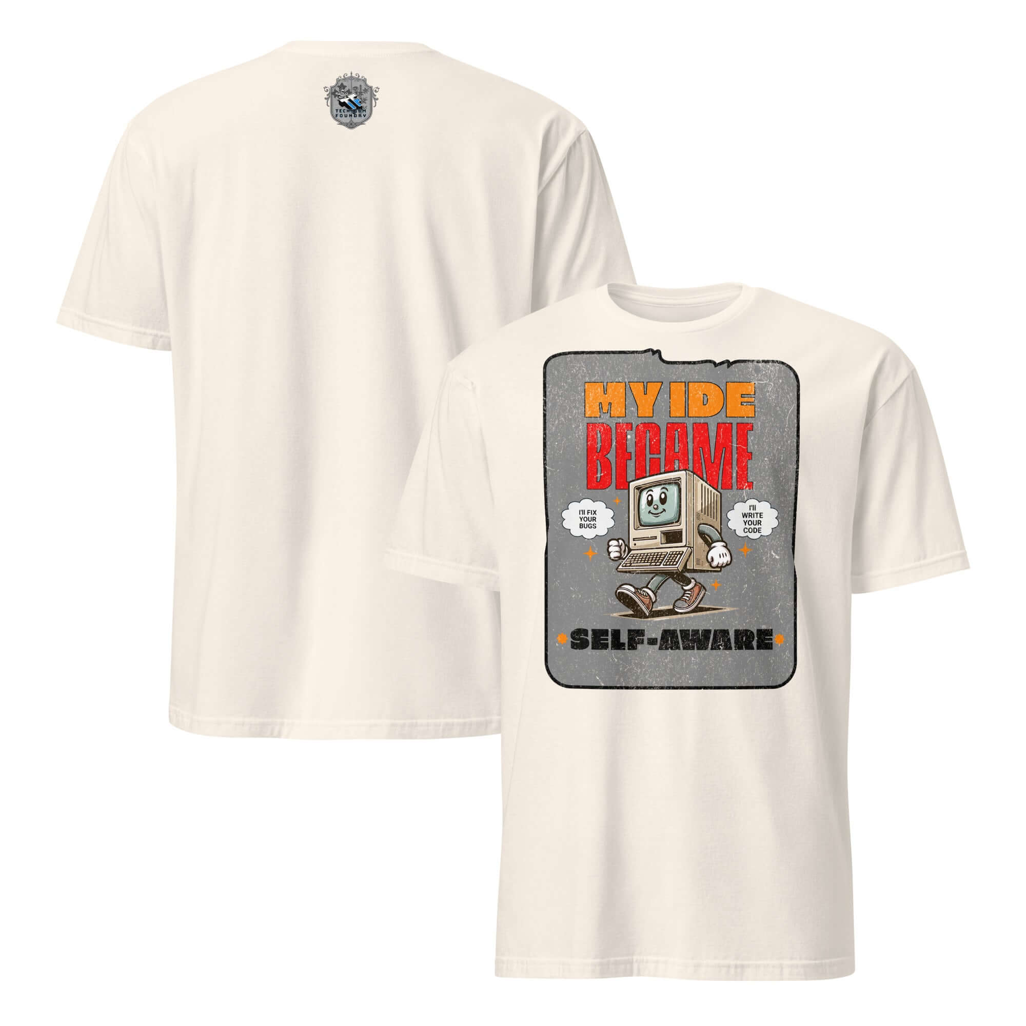 My IDE Became Self-Aware T-Shirt featuring a cute anthropomorphic computer with funny AI design, perfect for tech lovers.