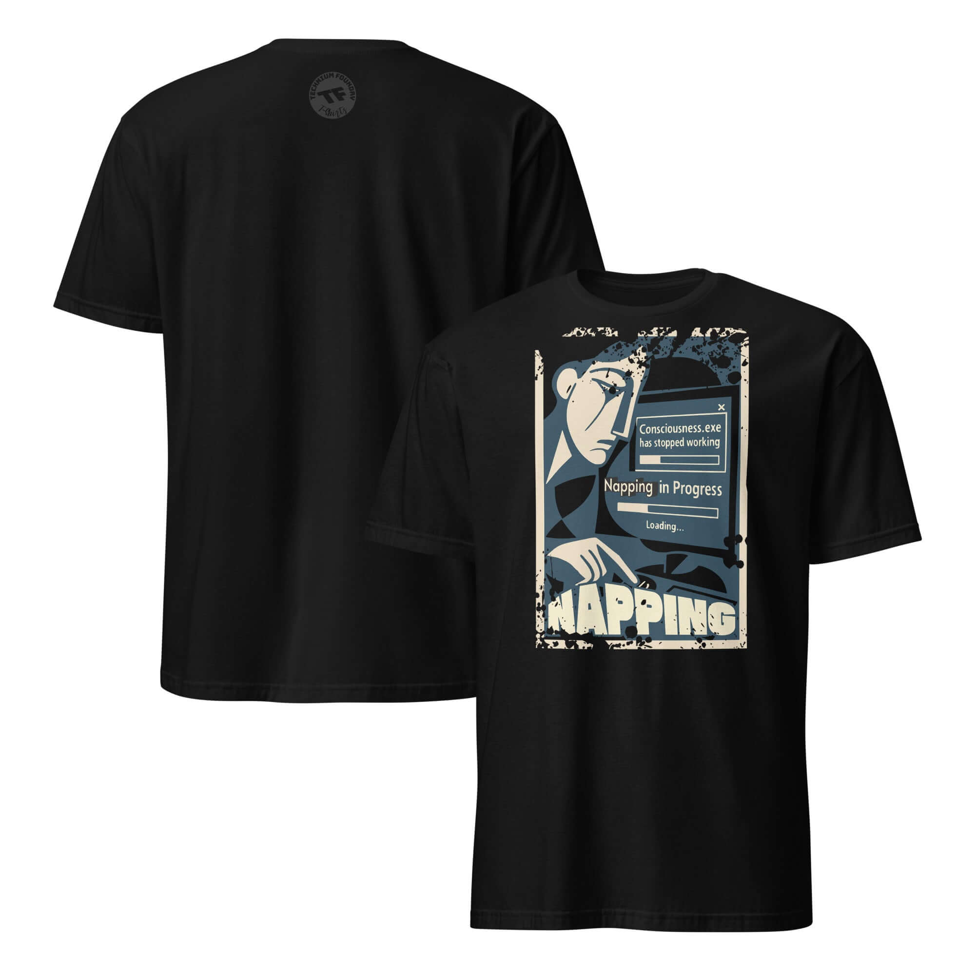 Black T-shirt with 'Napping: Consciousness.exe Has Stopped Working' design, featuring a sleeping figure and progress bar graphic.