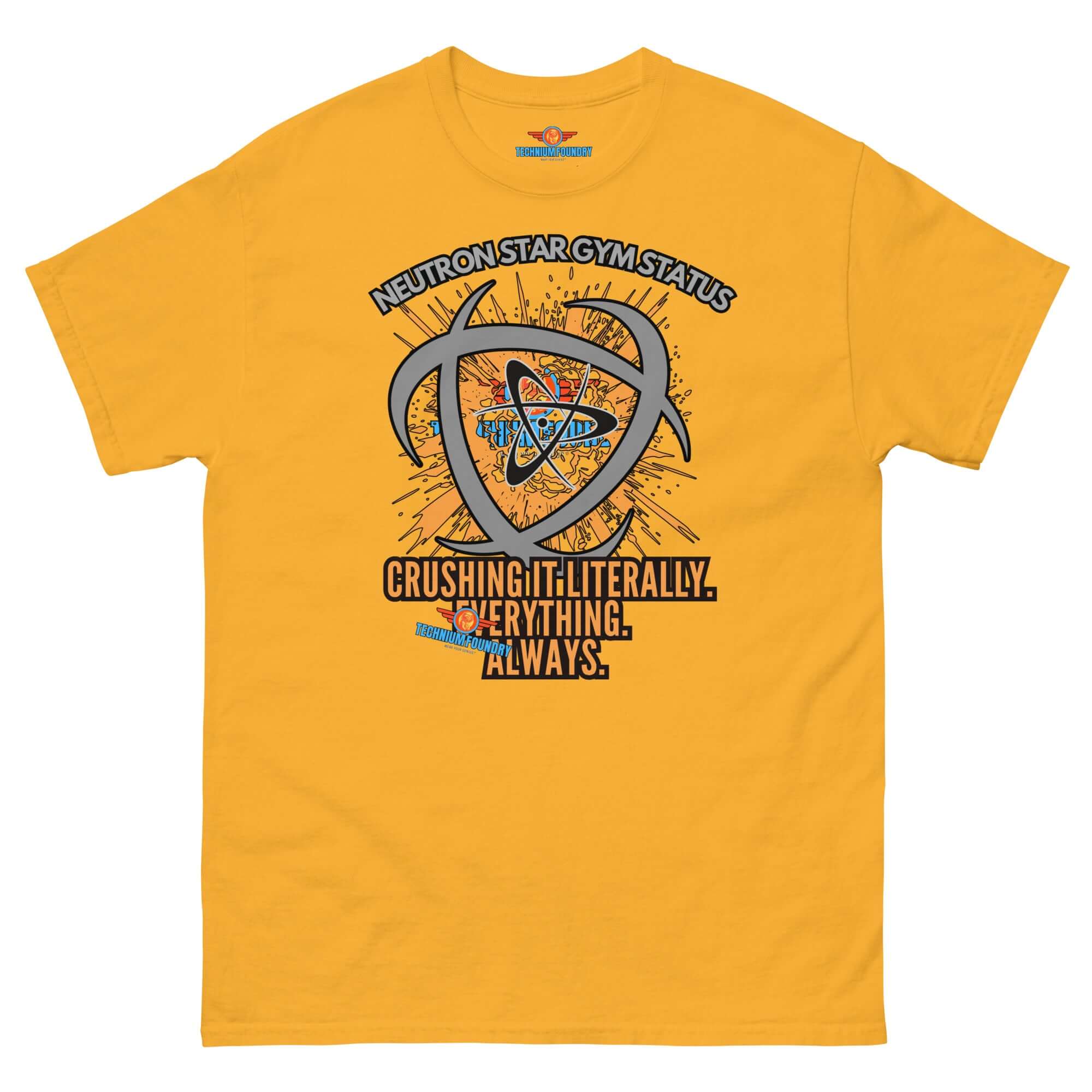 "Neutron Star Gymnast Tee from Technium Foundry's Science & Tech Apparel Collection in yellow with cosmic design"