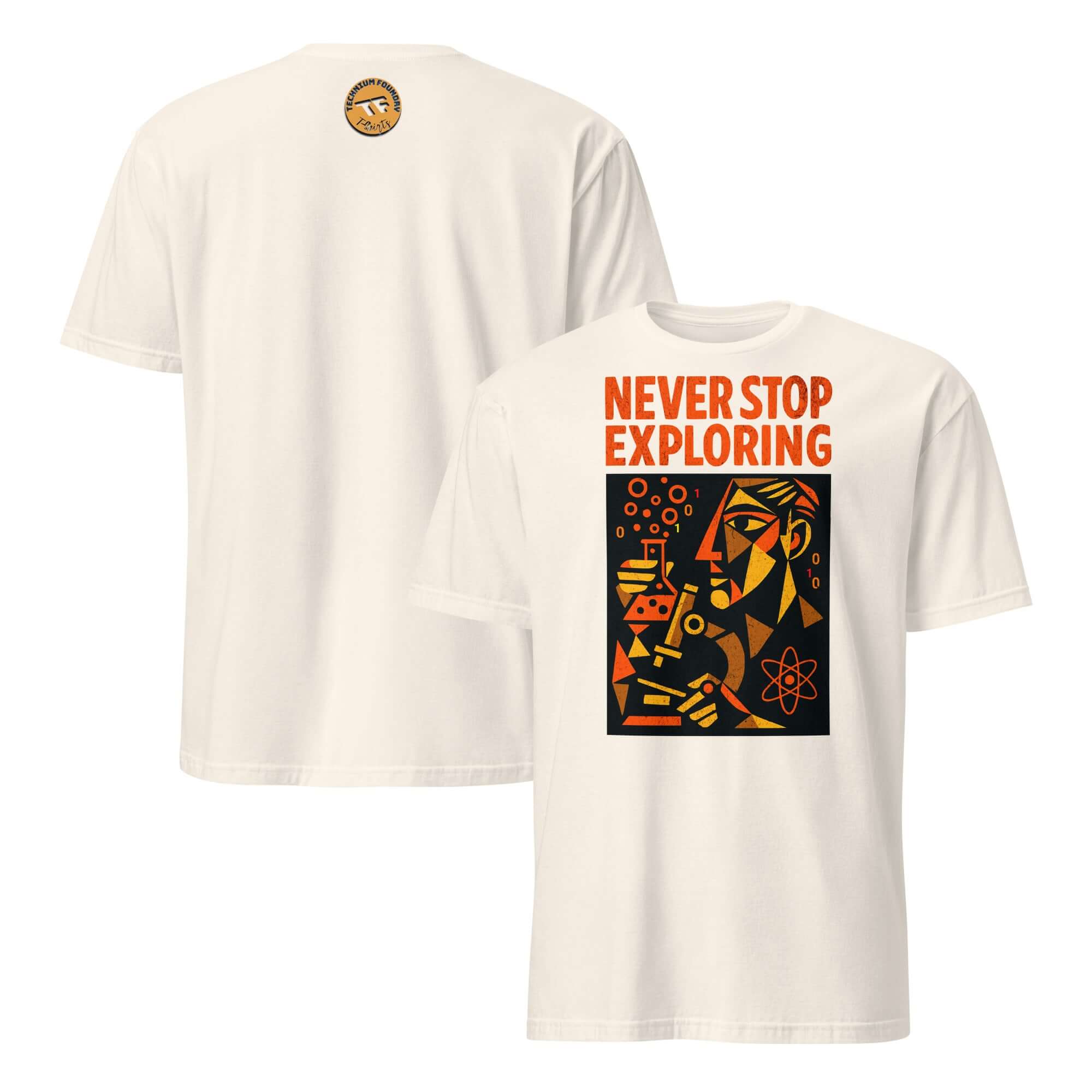 T-shirt with 'Never Stop Exploring' design and scientific symbols, cubist style. Motivational science-themed apparel.