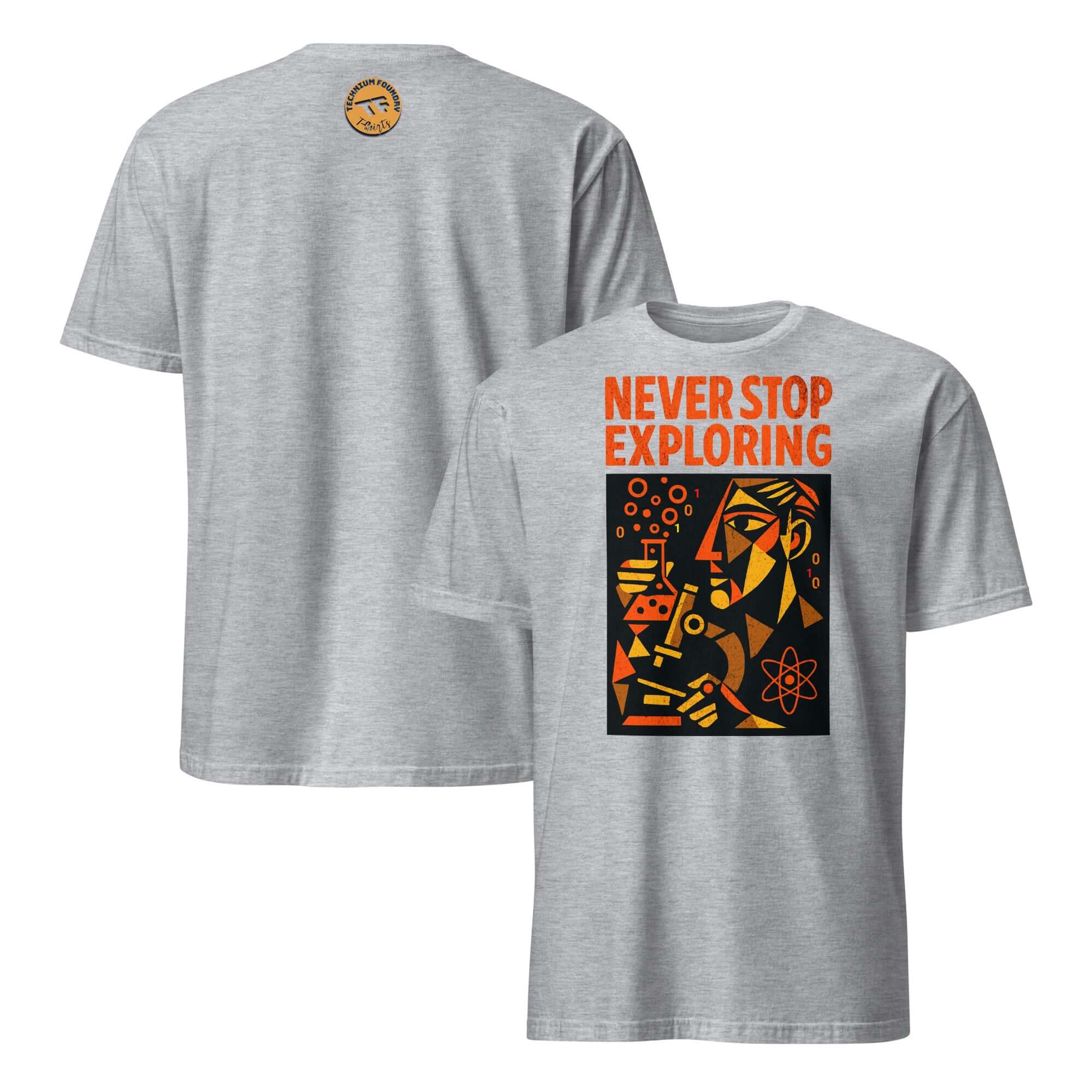Gray T-shirt featuring "Never Stop Exploring" text with a cubist scientific design, inspiring scientific discovery and motivation.