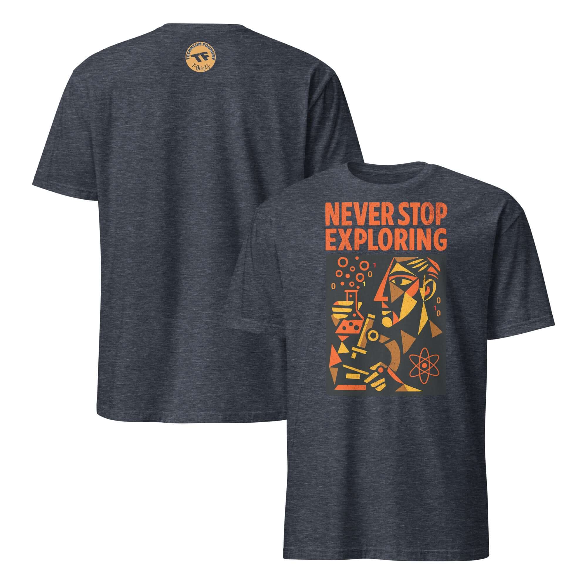 Navy t-shirt with "Never Stop Exploring" and cubist science design promoting scientific discovery motivation.