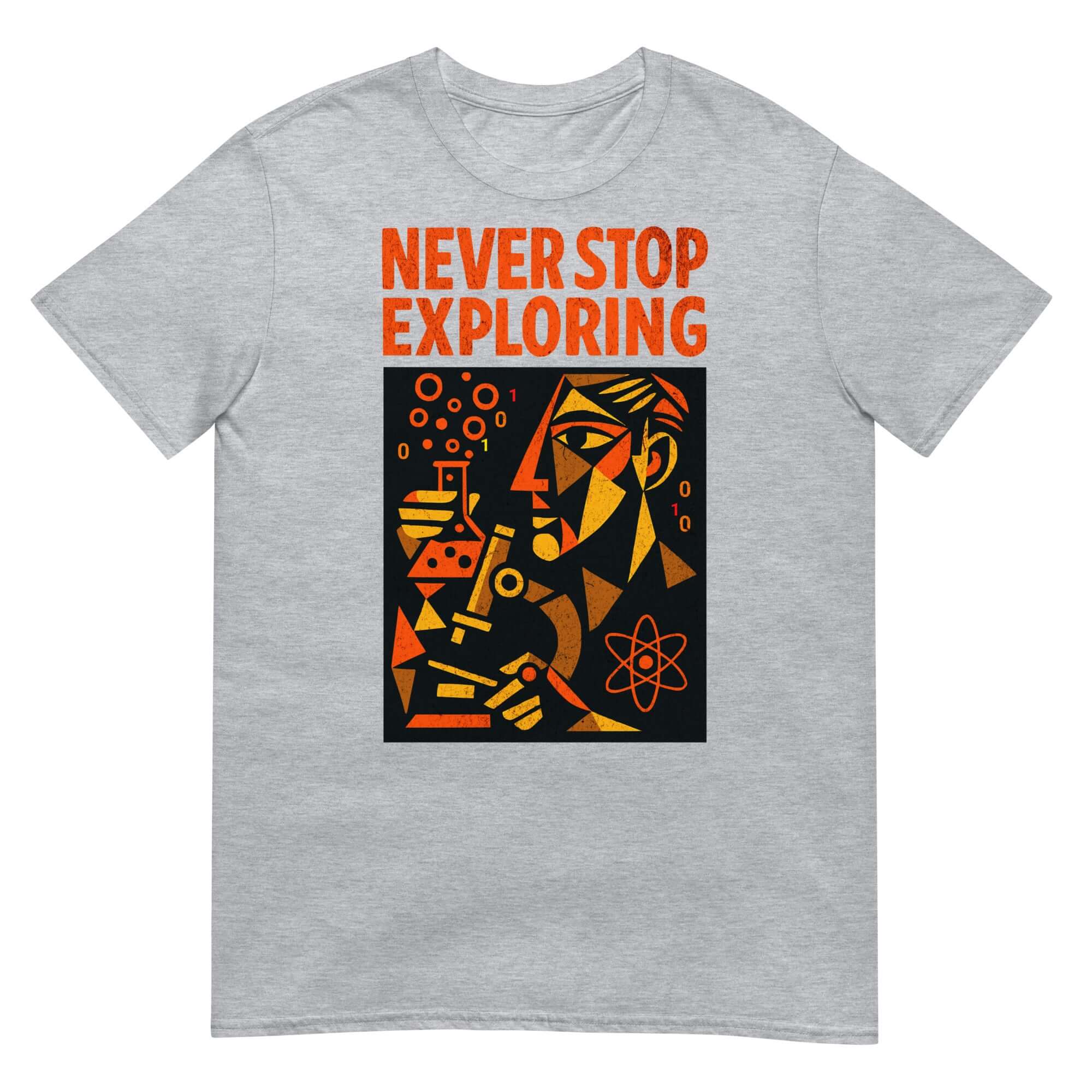 Alt Tag: Never Stop Exploring Science T-Shirt with Cubist Scientific Design and Motivational Text for Discovery Enthusiasts