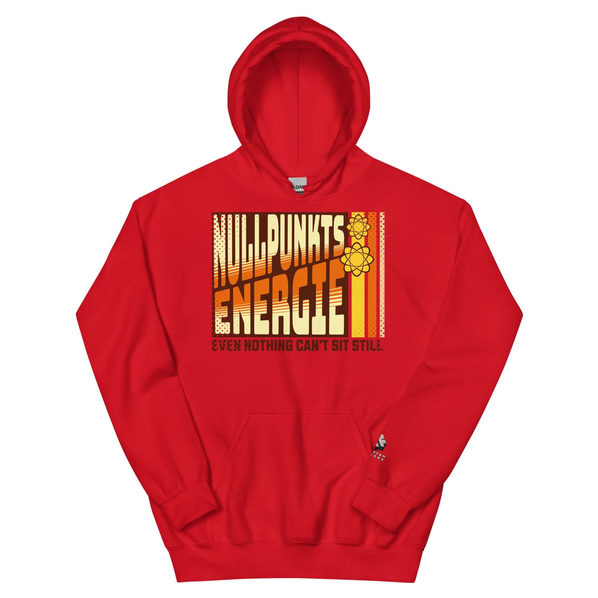 Red Nullpunktsenergie hoodie with retro-70s typography by Technium Foundry, showcasing quantum energy vibes in stylish apparel.