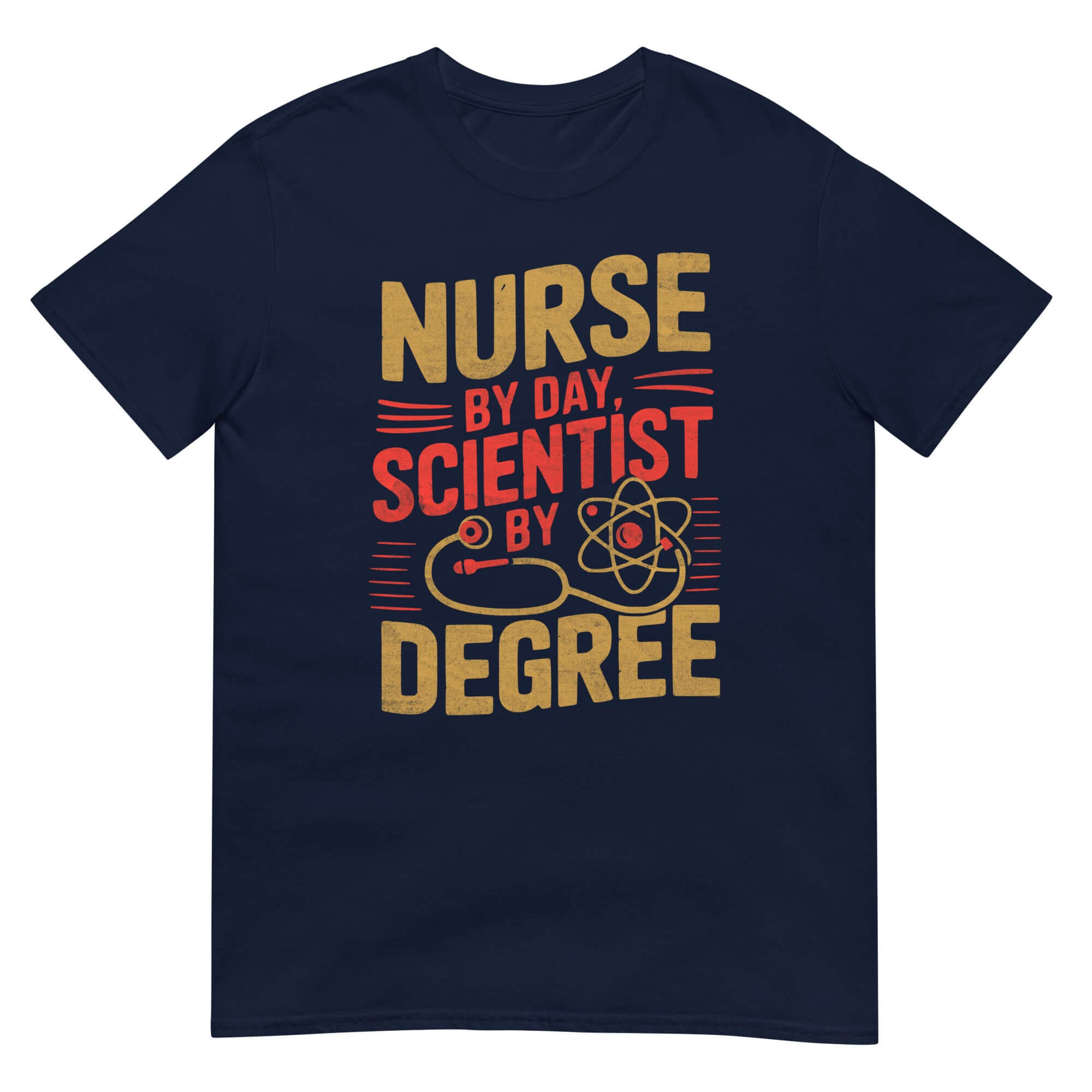 Navy t-shirt with 'Nurse by Day, Scientist by Degree' graphic, medical science pride, perfect for healthcare professionals.