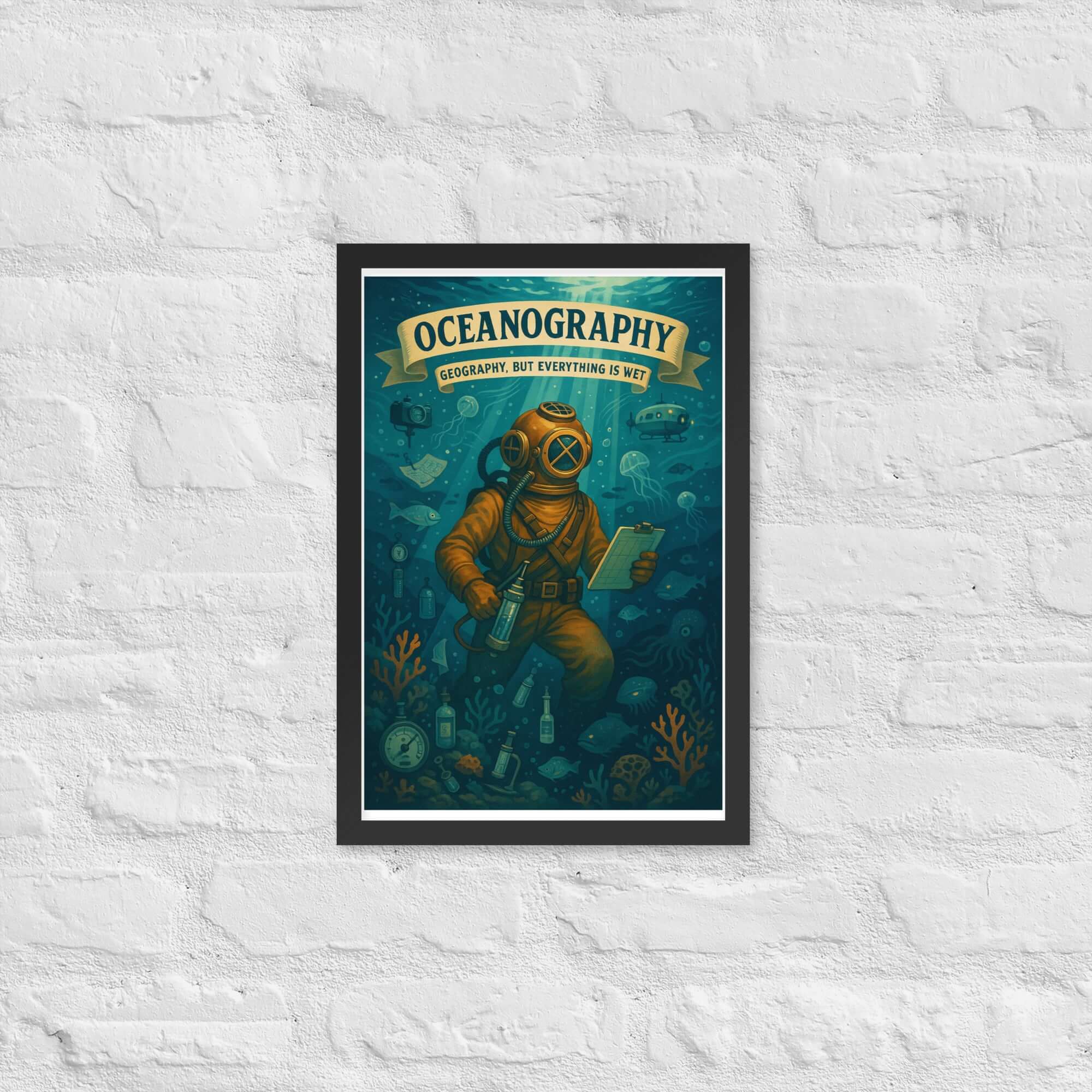 Oceanography wall poster featuring a vintage diver exploring underwater geography with marine life and ocean elements.