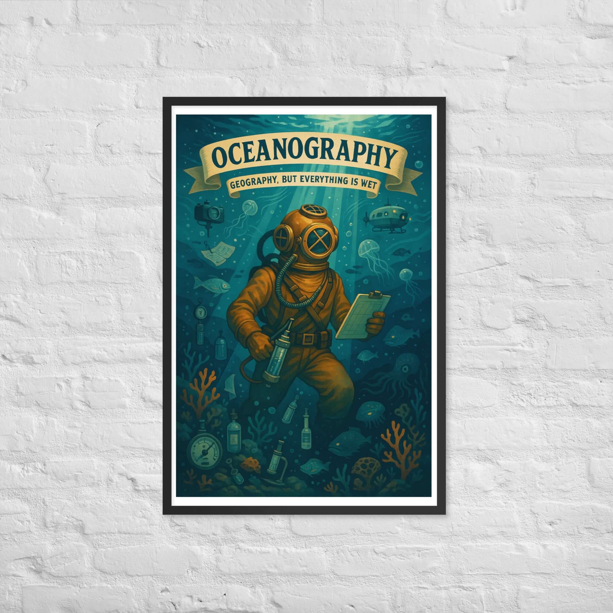 Vintage oceanography wall poster featuring a deep-sea diver exploring underwater geography, with a humorous science theme.
