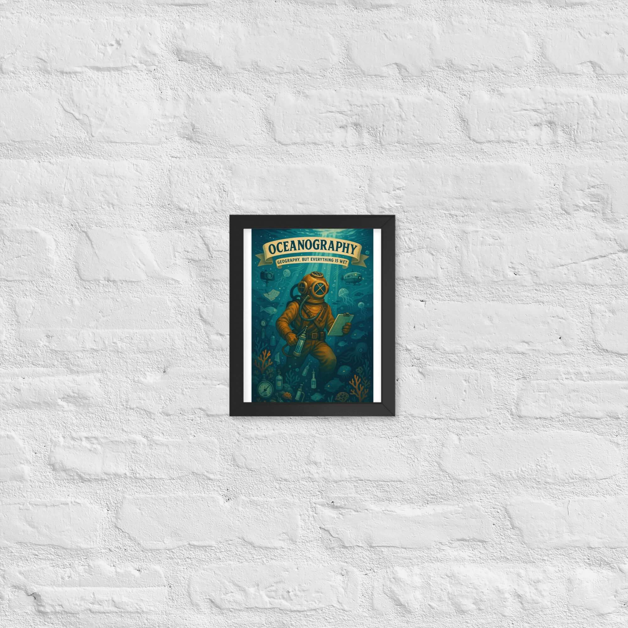 Oceanography wall poster with vintage diving helmet on white brick background.
