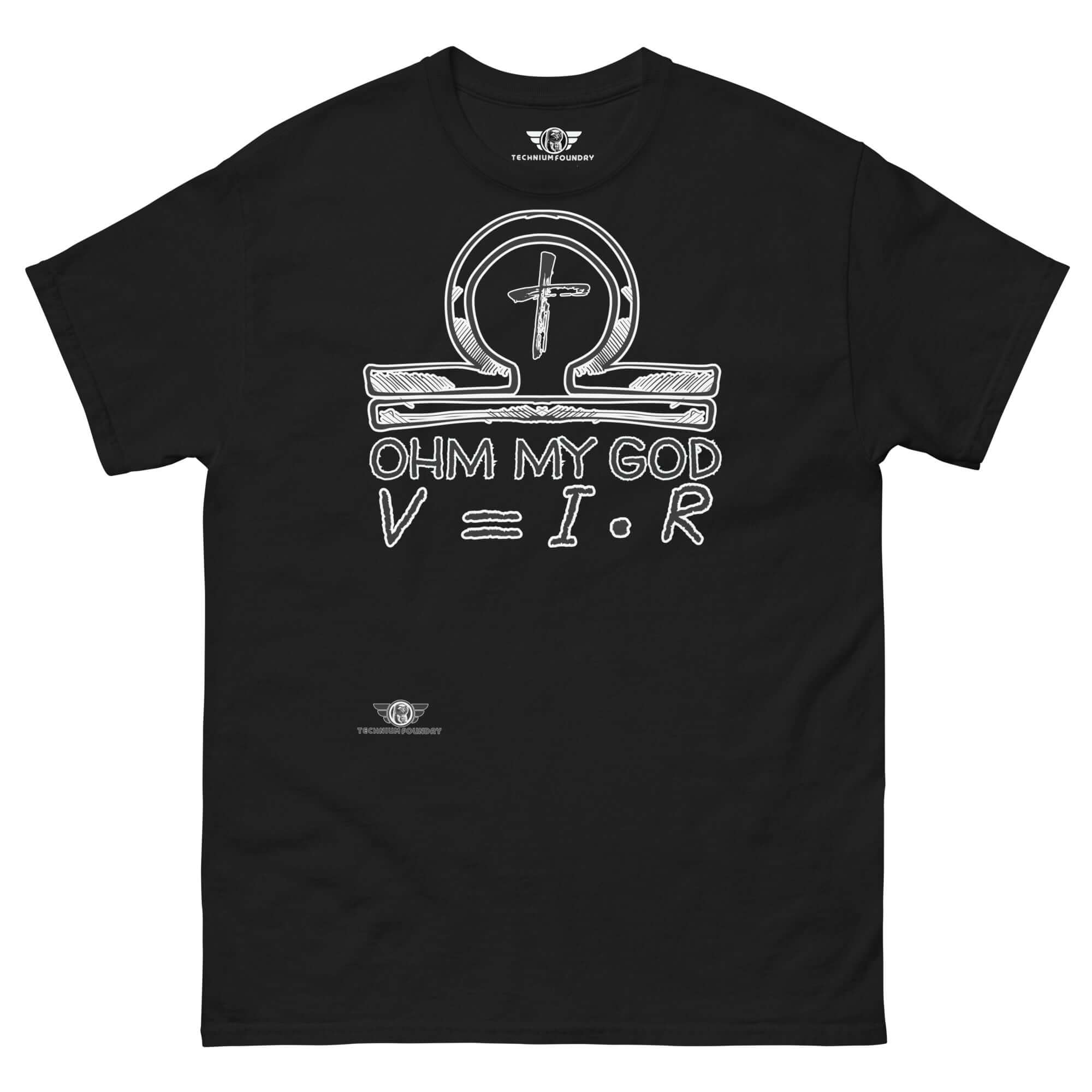 Black T-shirt with chalkboard-style 'Ohm My God' design, featuring Christian ankh, omega symbol, and Ohm's Law equation V=IR.