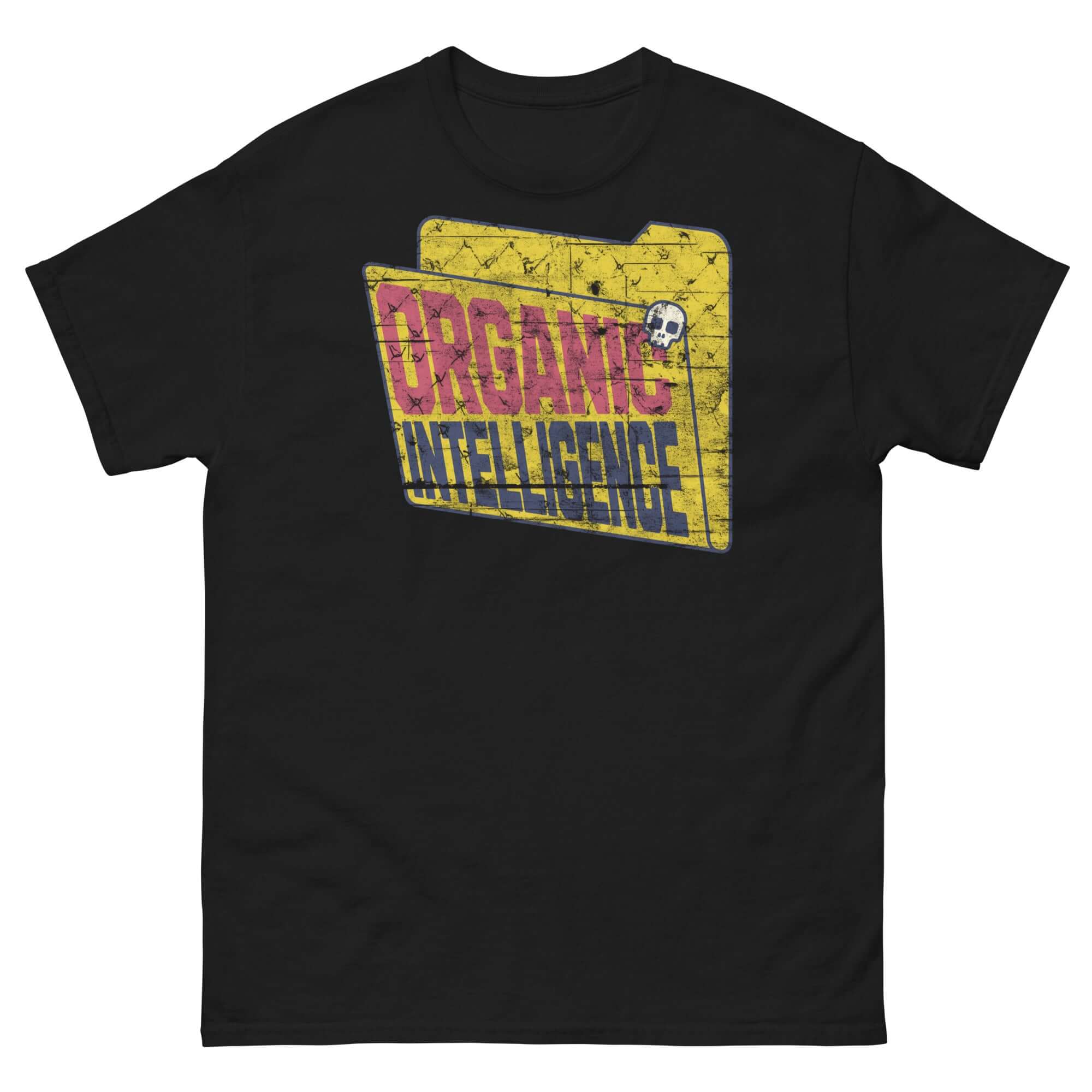 Black Organic Intelligence T-shirt with a weathered computer folder icon, featuring anti-AI humor for tech rebellion enthusiasts.