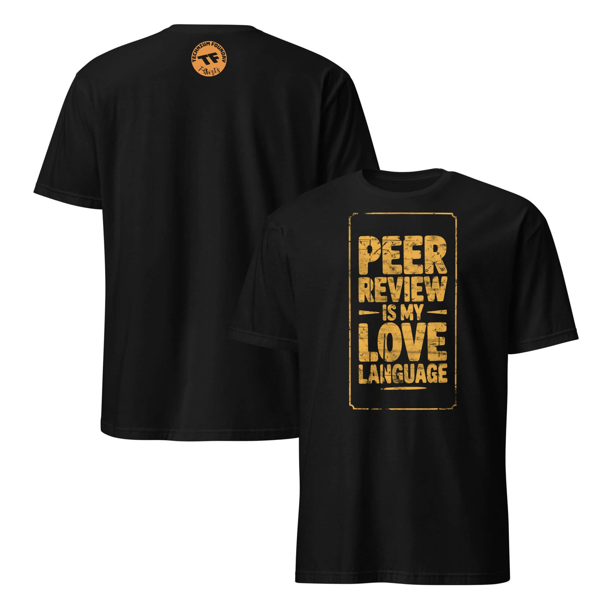 Black T-shirt with 'Peer Review Is My Love Language' design, perfect for research scientists and academic humor lovers.