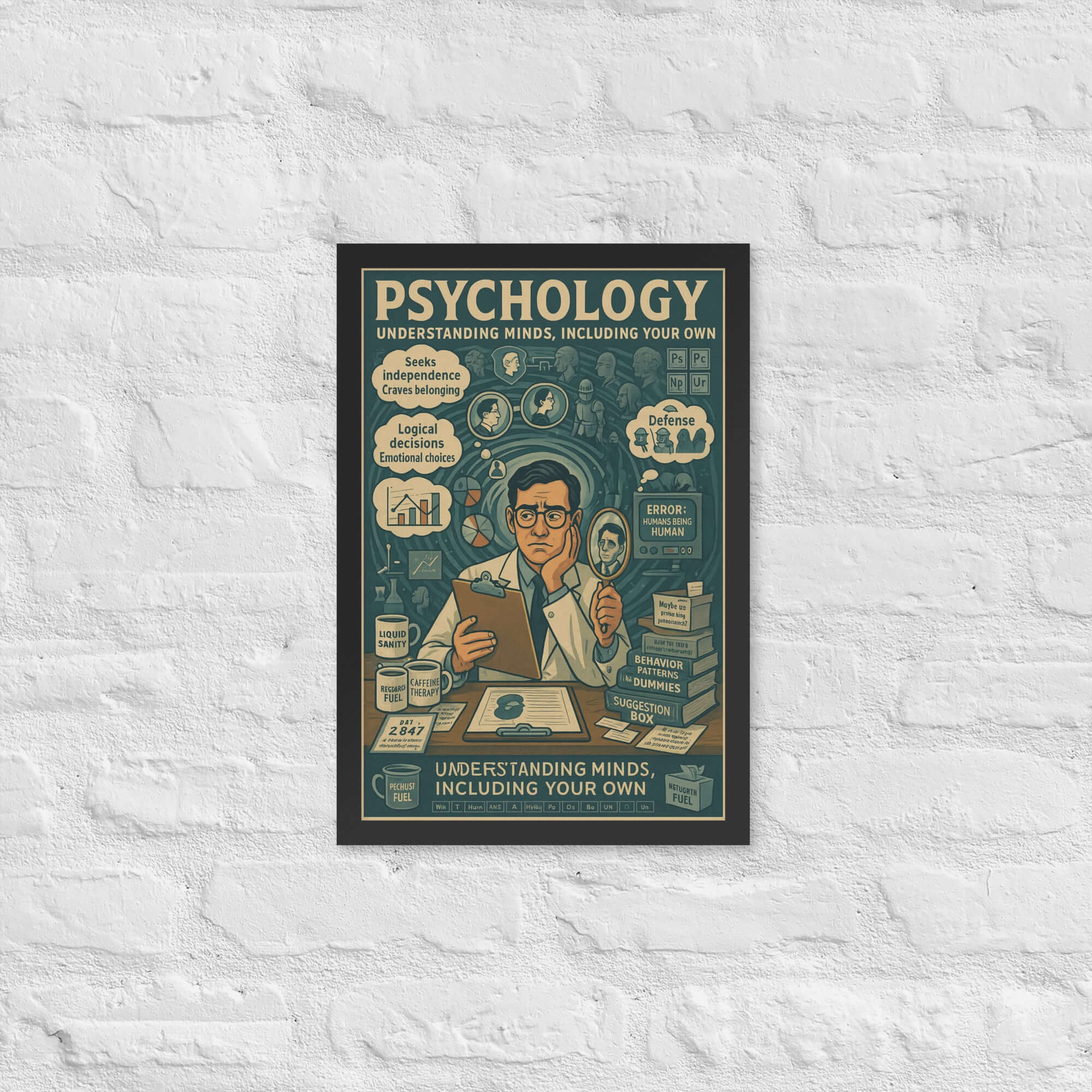 Psychology wall poster depicting understanding minds and cognitive processes in a vintage style.