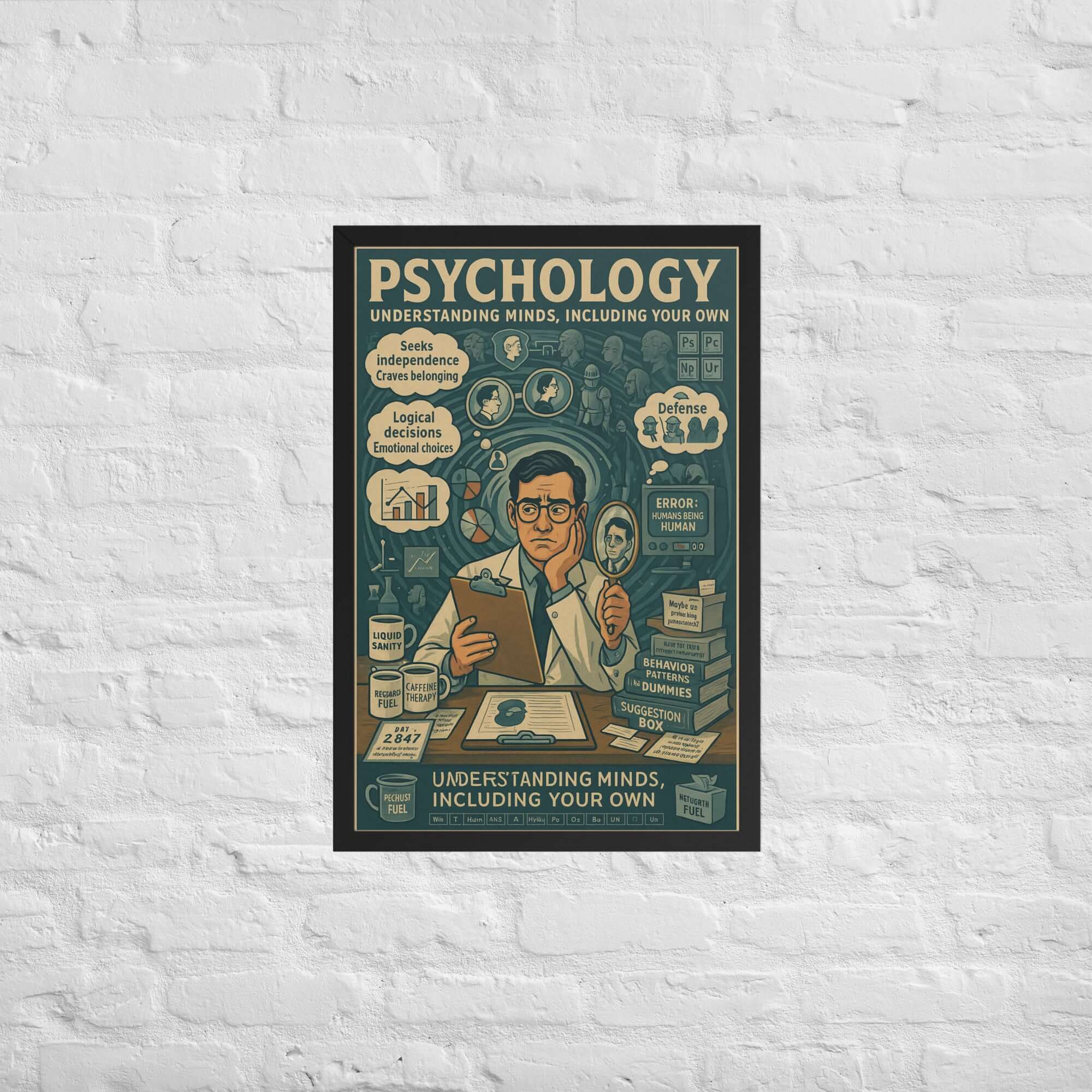 Psychology wall poster illustrating the complexities of understanding the human mind, titled 'Understanding Minds Including Your Own.'