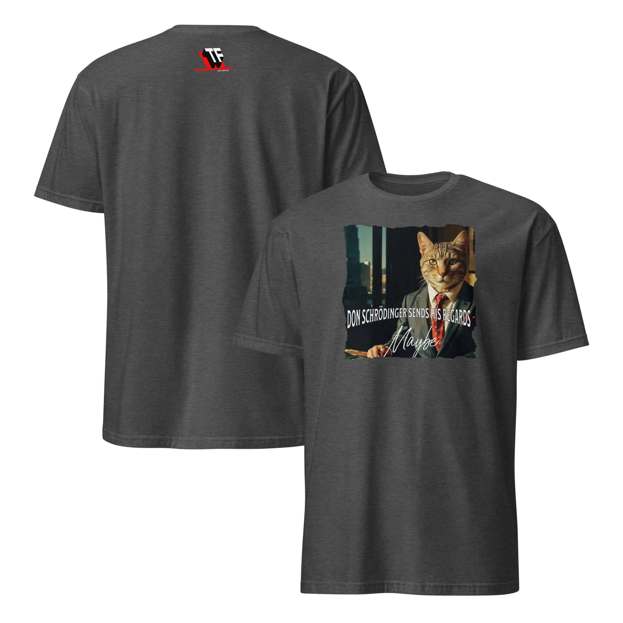 Alt Tag: Don Schrödinger Quantum Cat Crime Boss T-Shirt featuring humorous physics-inspired design in crimson.