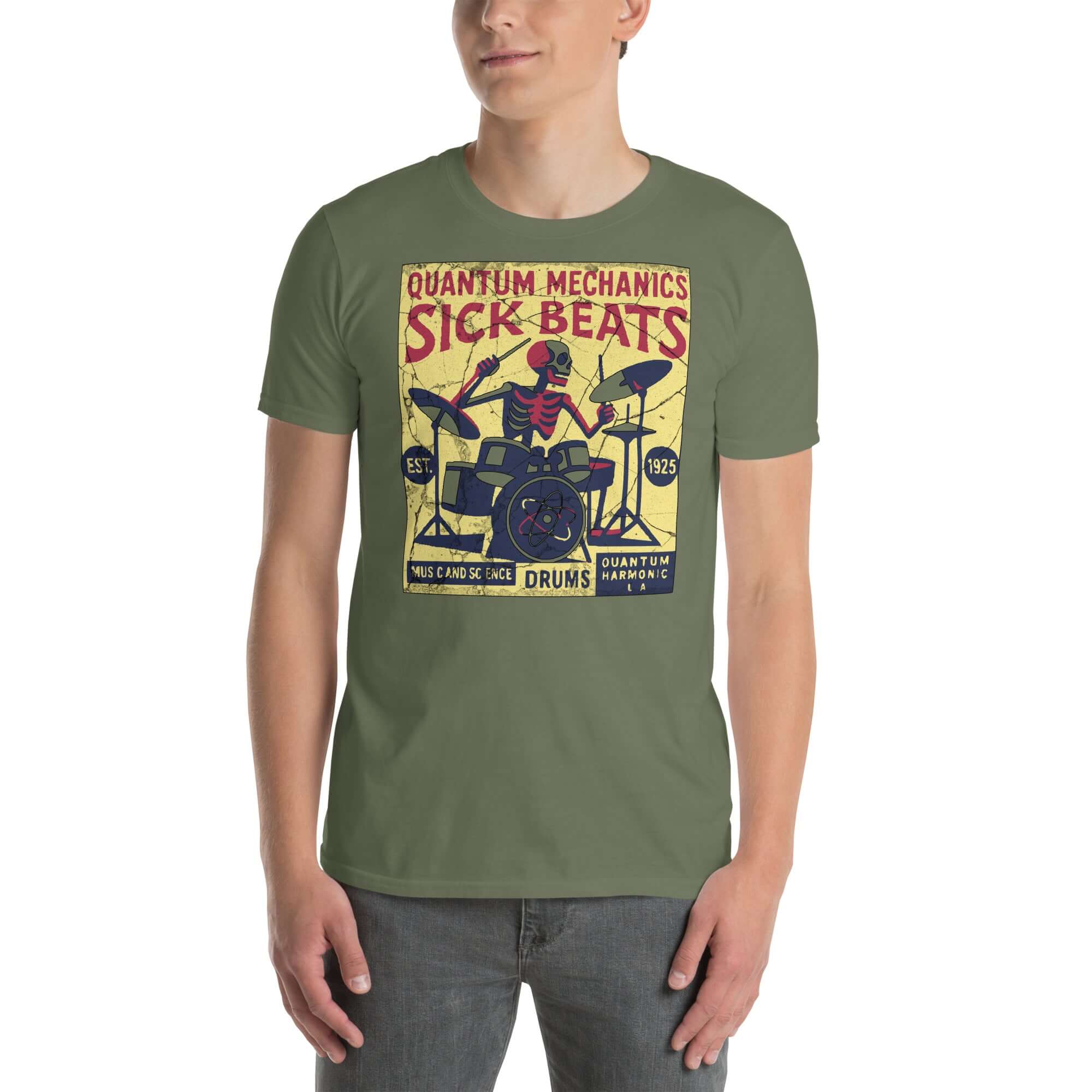 Men's t-shirt with 'Quantum Mechanics Sick Beats' physics and drummer design, combining particle physics and music, in olive green.