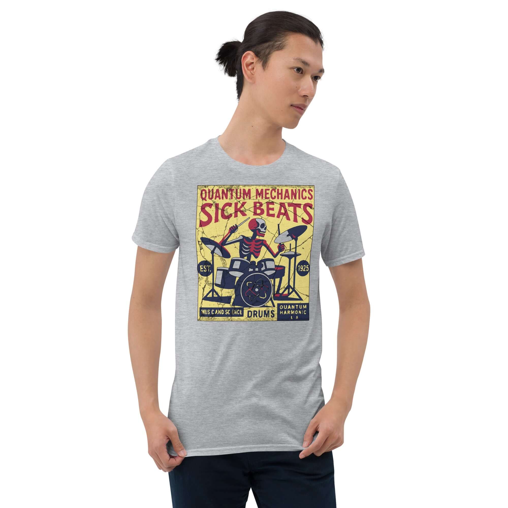 Quantum Mechanics Sick Beats T-Shirt with physics drummer design, featuring a skeleton drummer on a gray background.