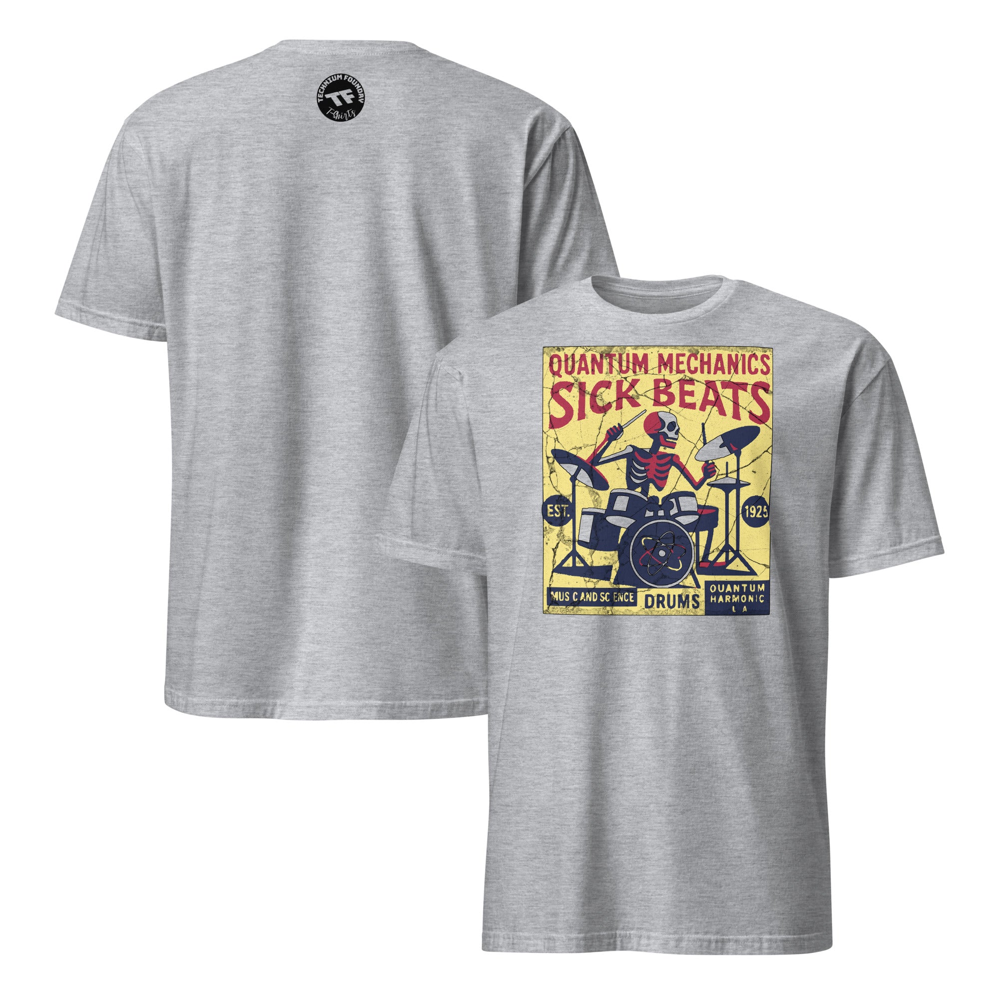 Quantum Mechanics Sick Beats T-Shirt featuring physics drummer design, perfect for science and music enthusiasts.