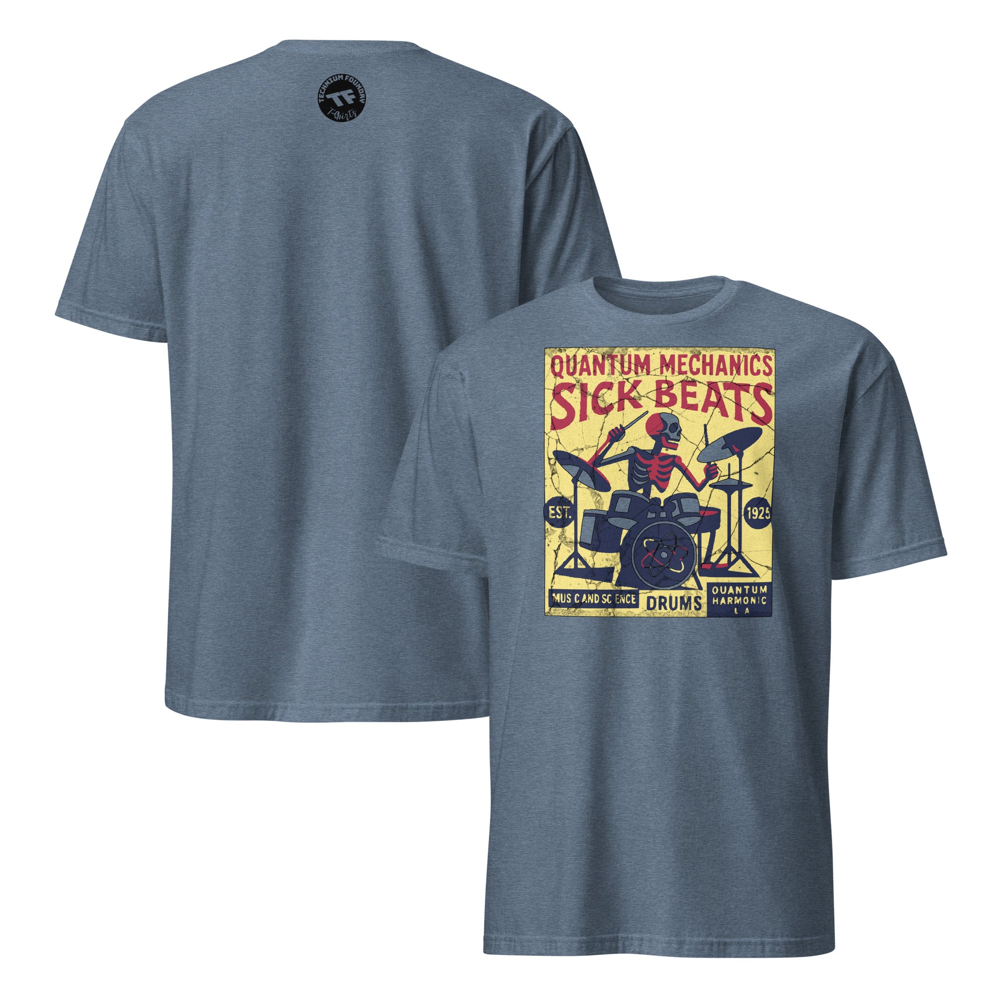 Quantum Mechanics Sick Beats T-Shirt featuring a drummer design, ideal for physics enthusiasts and music lovers.