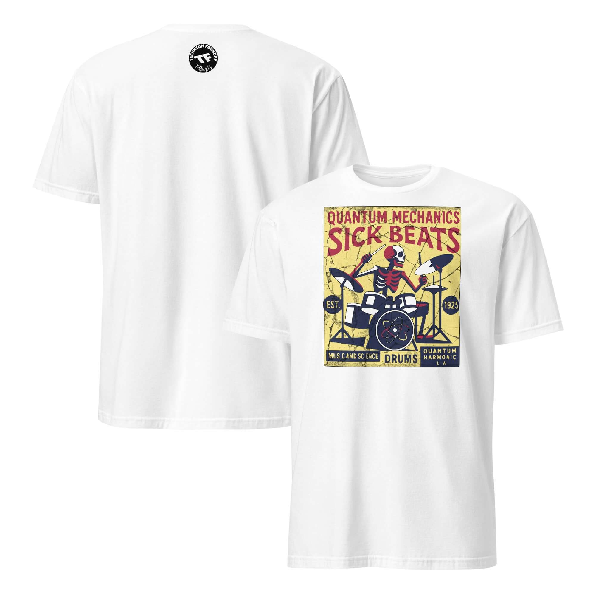 Quantum Mechanics Sick Beats T-Shirt featuring a drummer design for physics enthusiasts.