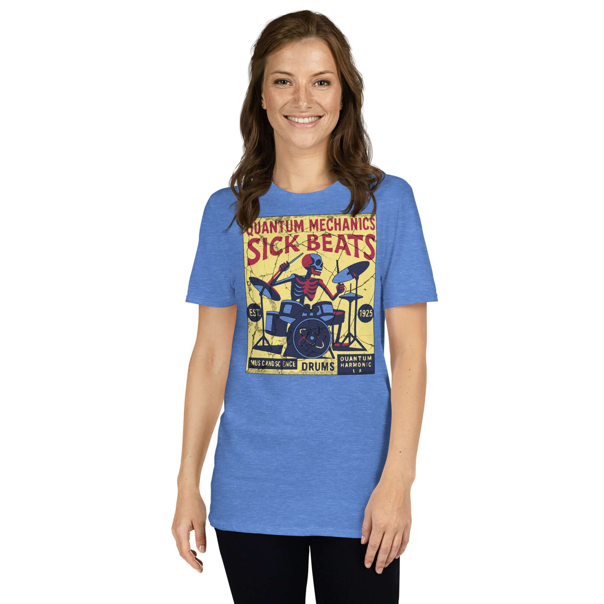 Woman wearing Quantum Mechanics Sick Beats T-Shirt with physics drummer design.