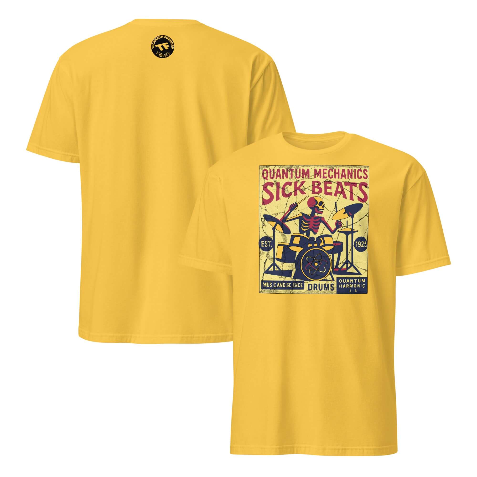 Yellow Quantum Mechanics Sick Beats T-Shirt featuring a physics drummer design on the back, merging particle physics and percussion.