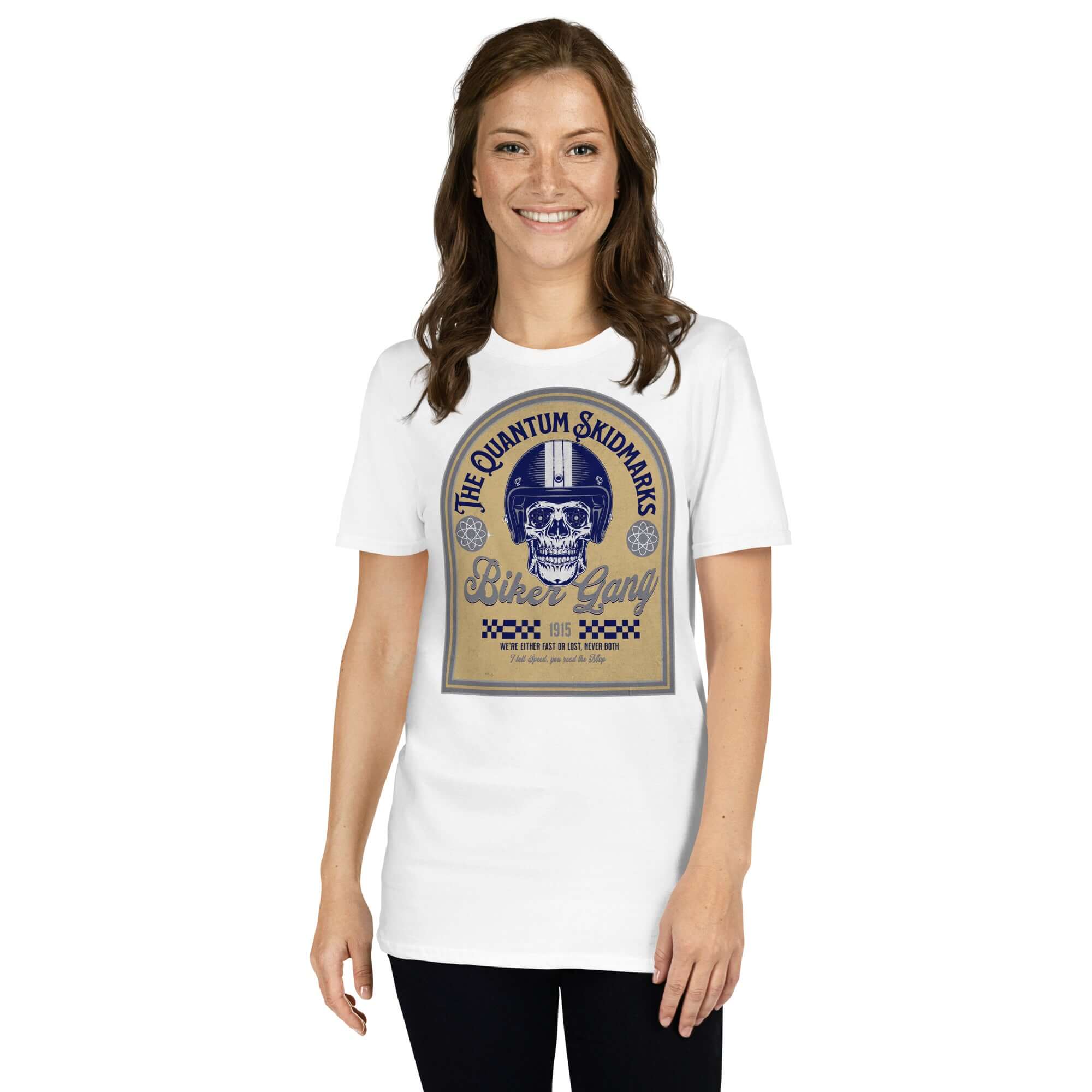 Woman wearing Quantum Skidmarks Motorcycle Club T-Shirt featuring a skull, perfect for physics and biker enthusiasts.