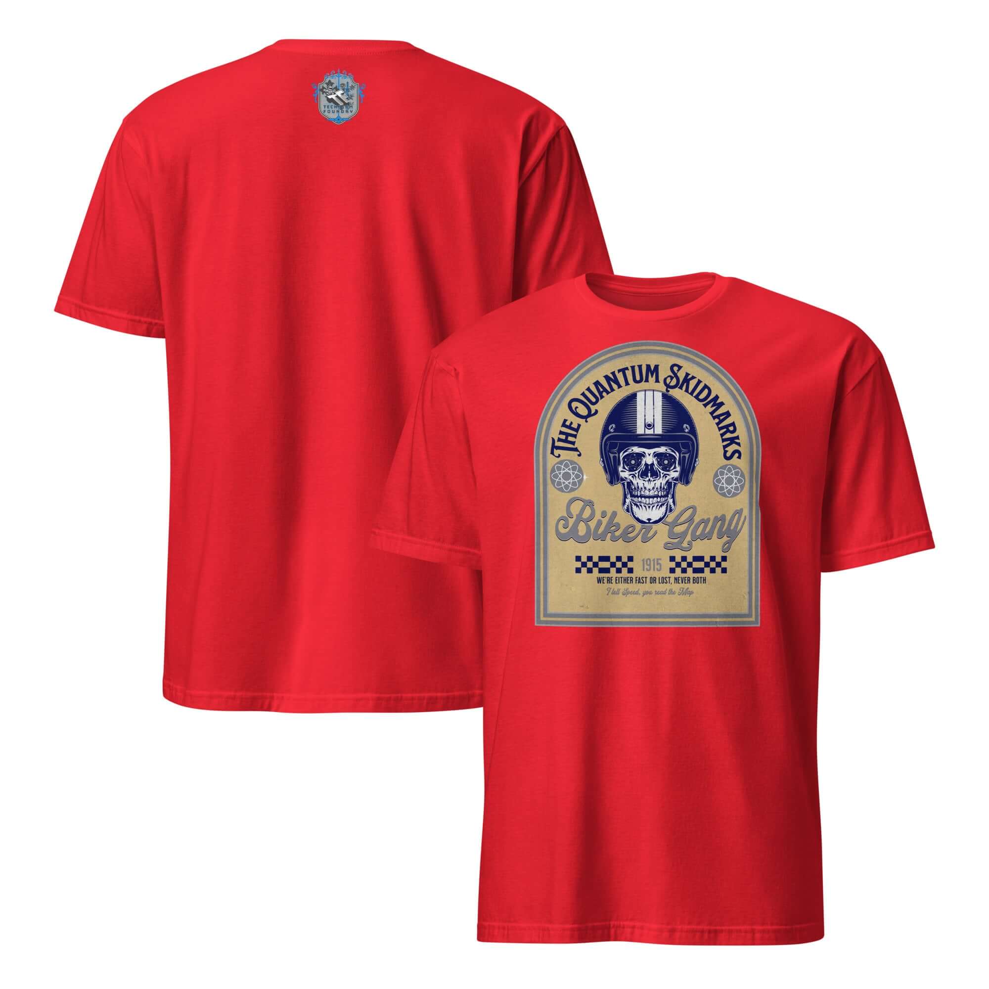 Quantum Skidmarks motorcycle club t-shirt featuring skull emblem, red tee with retro biker gang design celebrating physics.