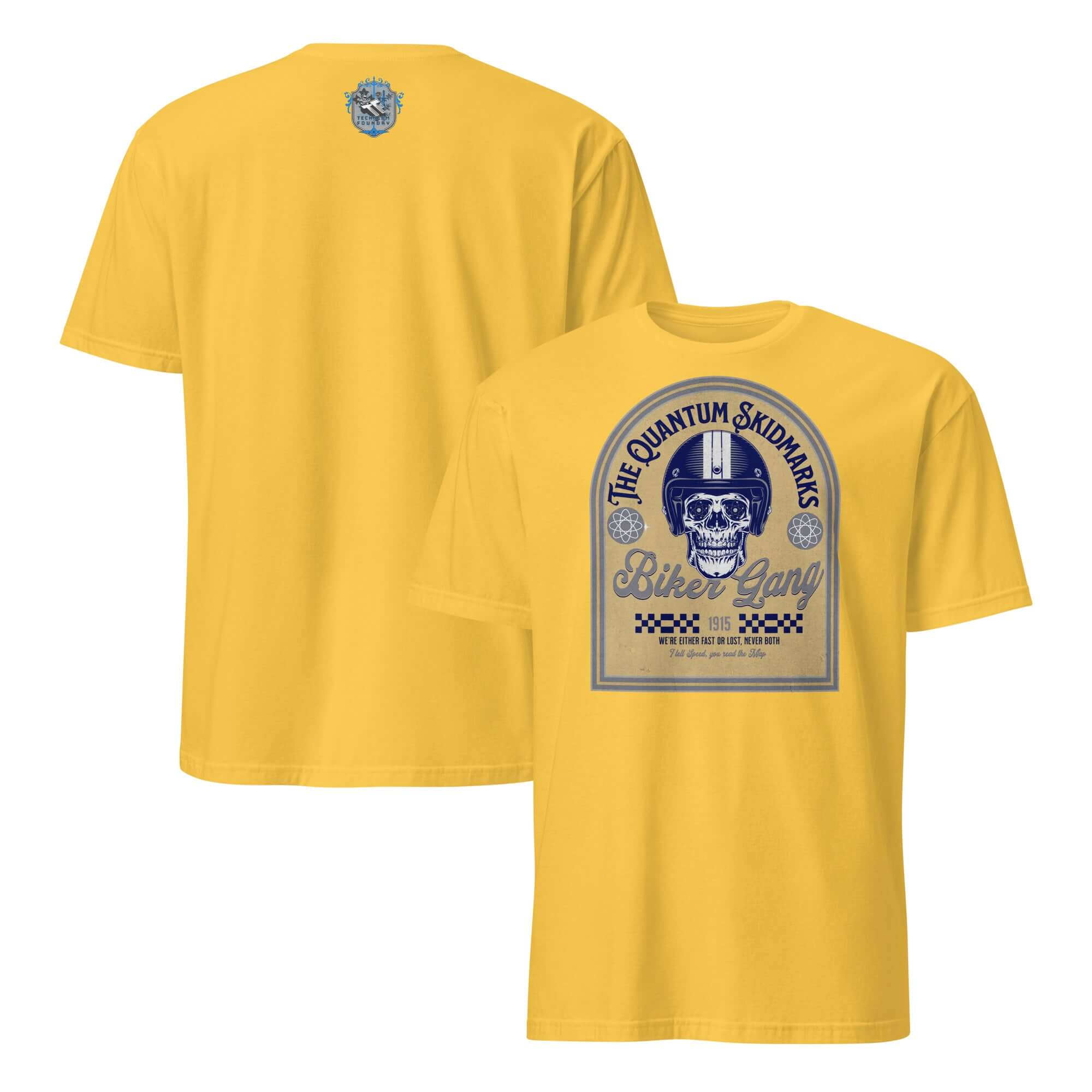Yellow Quantum Skidmarks motorcycle club t-shirt with physics-themed biker gang emblem featuring a skull.