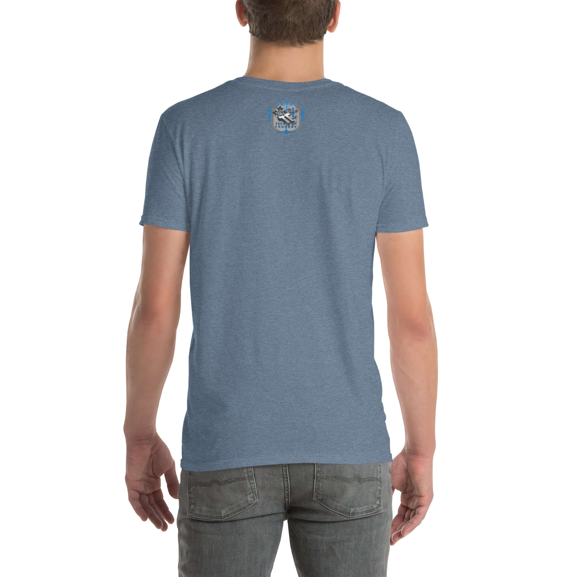 Back view of a blue Quantum Skidmarks Motorcycle Club T-Shirt featuring a small emblem below the collar.