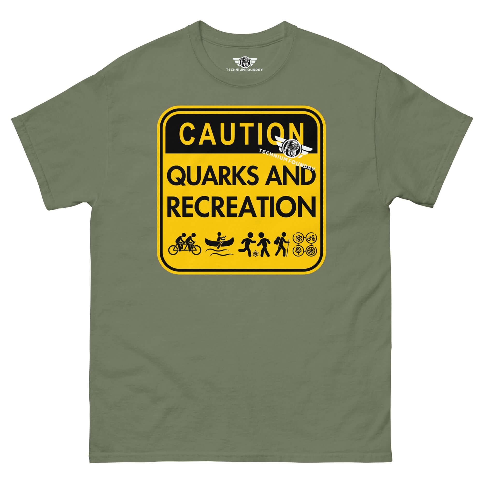 Green t-shirt with 'Caution: Quarks and Recreation' design, featuring yellow and black particle physics warning sign humor.
