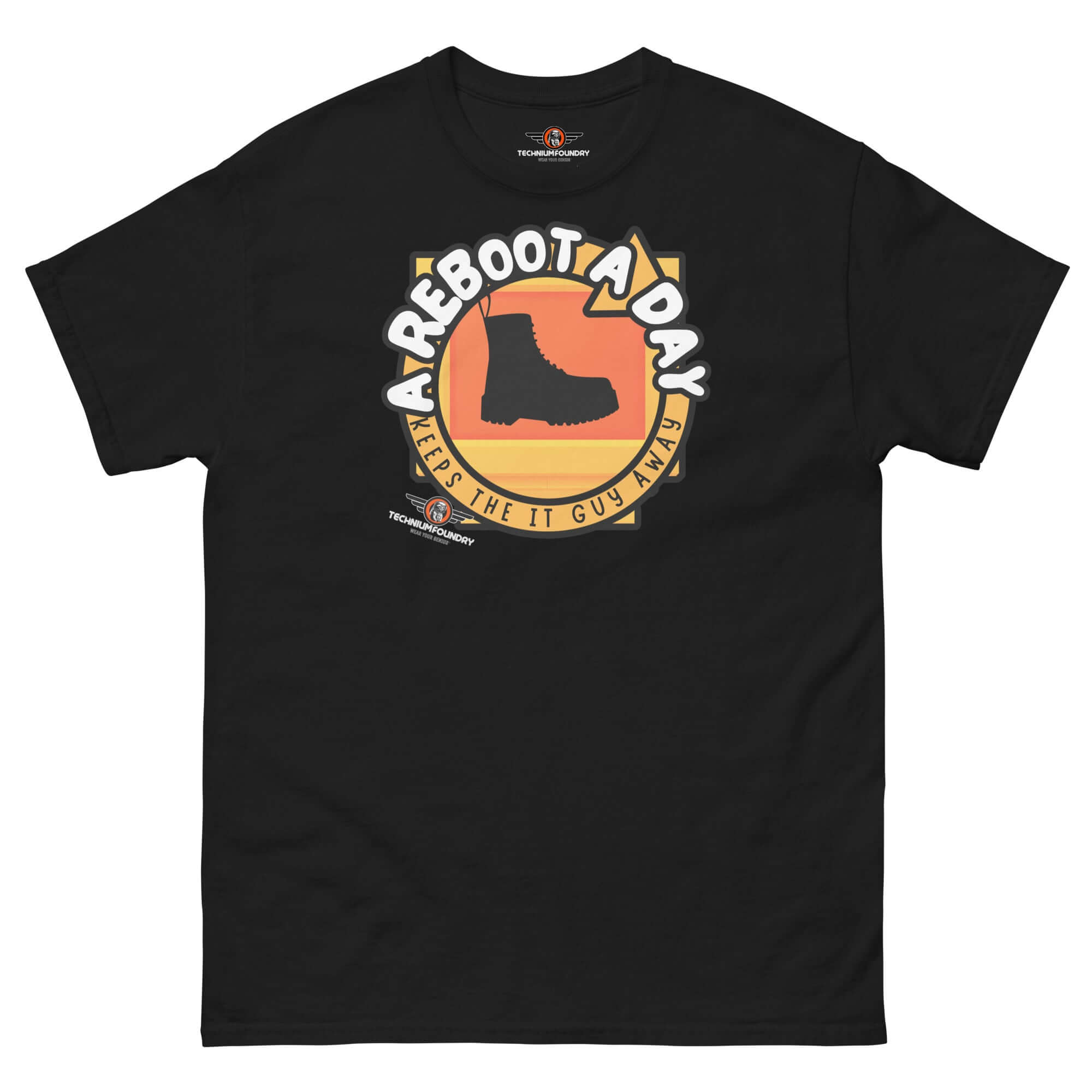 Black t-shirt featuring 'A Reboot A Day Keeps the IT Guy Away' design with a combat boot and sunset-colored backdrop.