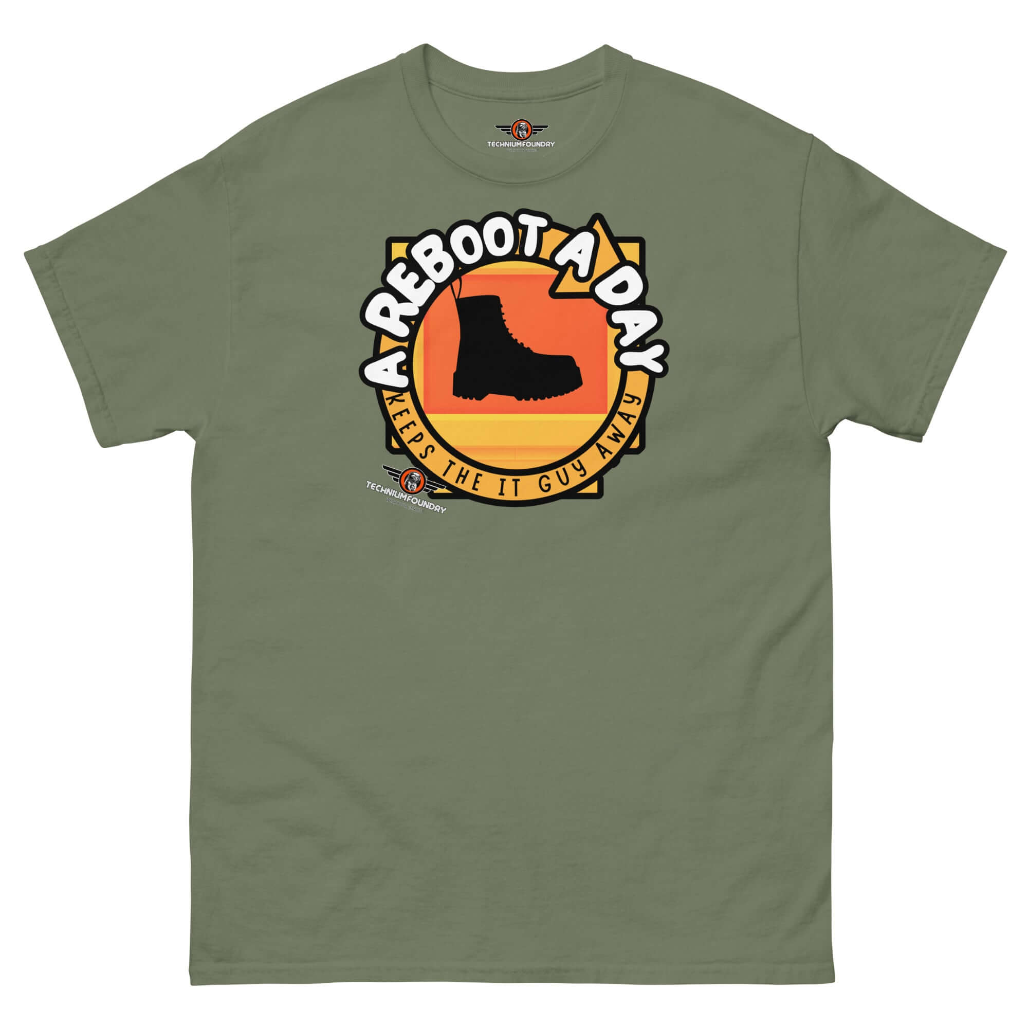 A Reboot A Day IT Support Humor T-Shirt featuring a combat boot on a sunset background for tech help desk enthusiasts.