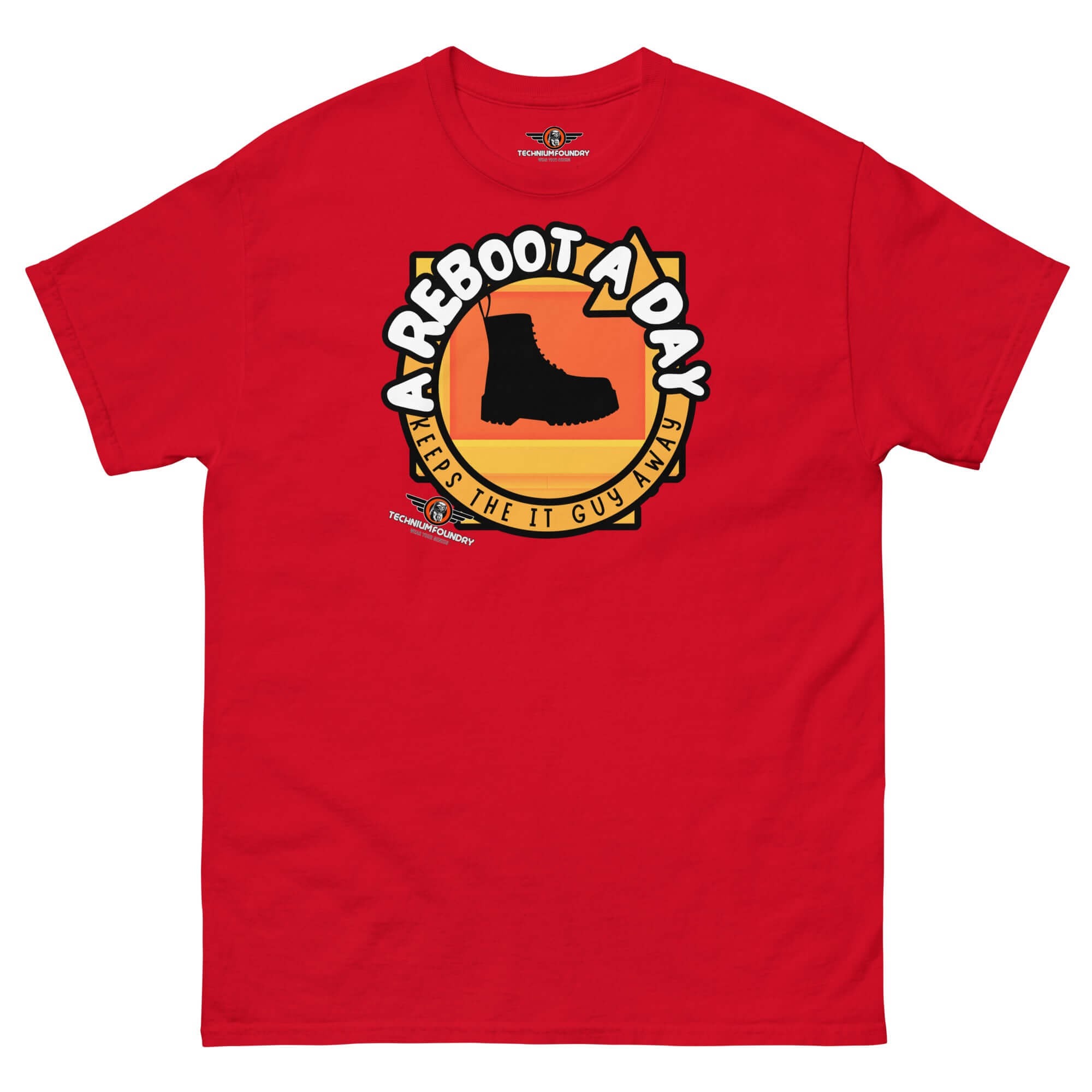 Red IT support humor t-shirt with boot silhouette and 'A Reboot A Day' text, designed for tech help desk professionals.