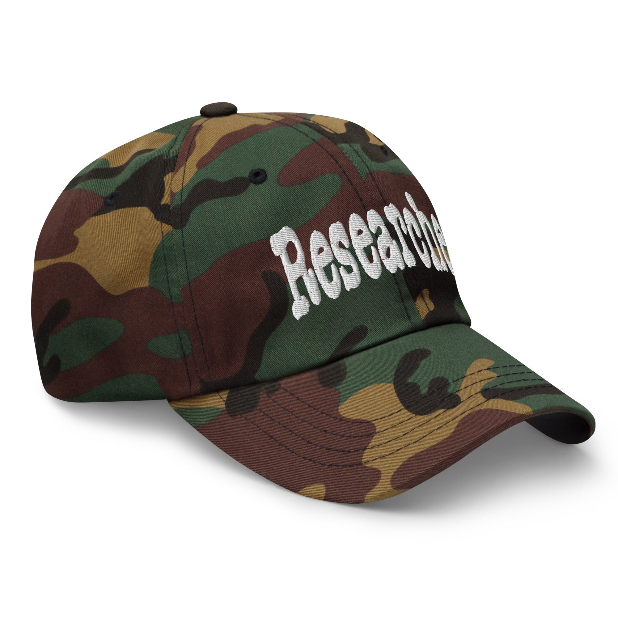 Camouflage baseball cap with embroidered 'Researcher' text, ideal for inquisitive minds dedicated to systematic inquiry and discovery.