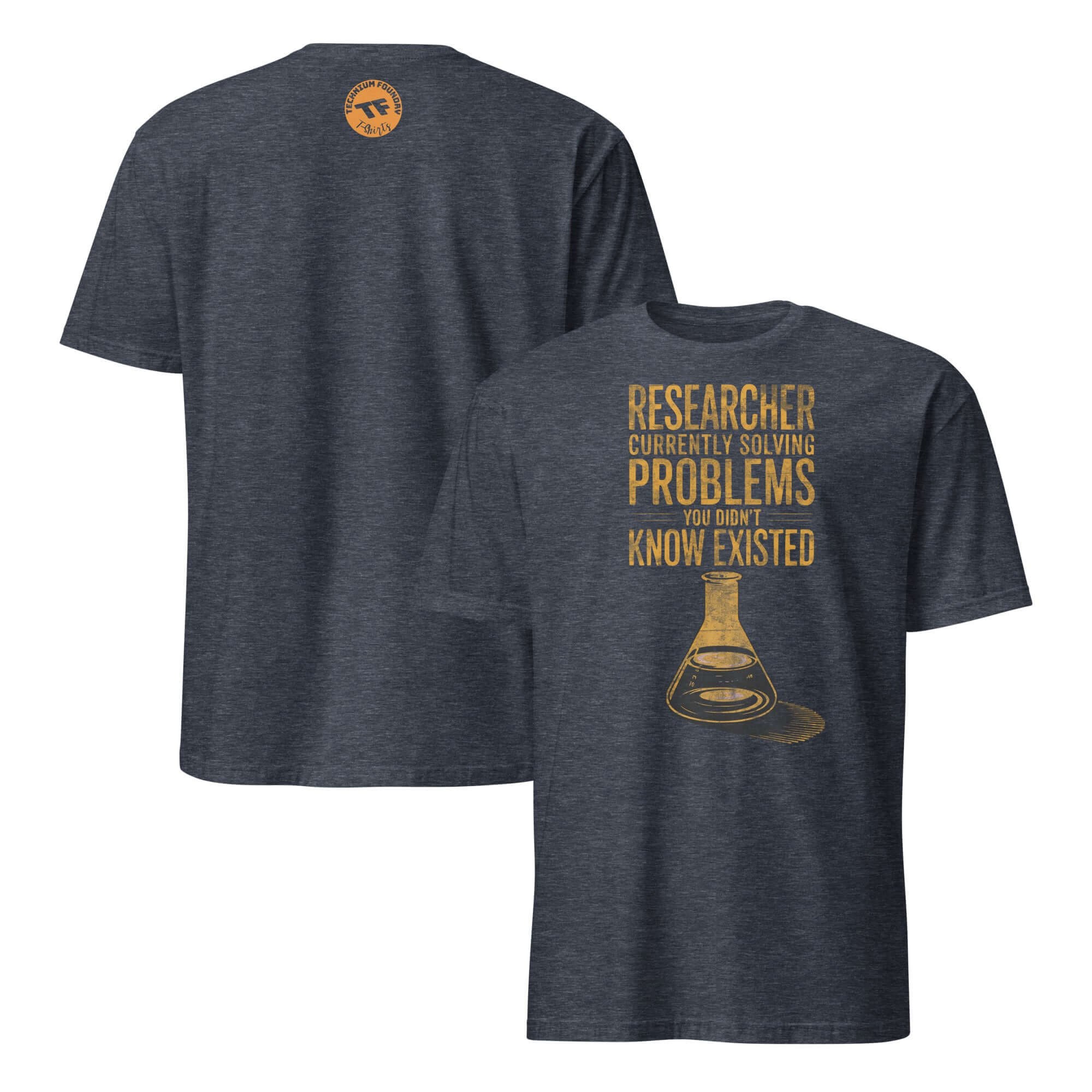 Navy T-shirt with 'Researcher Solving Problems You Didn't Know Existed' text and beaker graphic, humor for scientists.