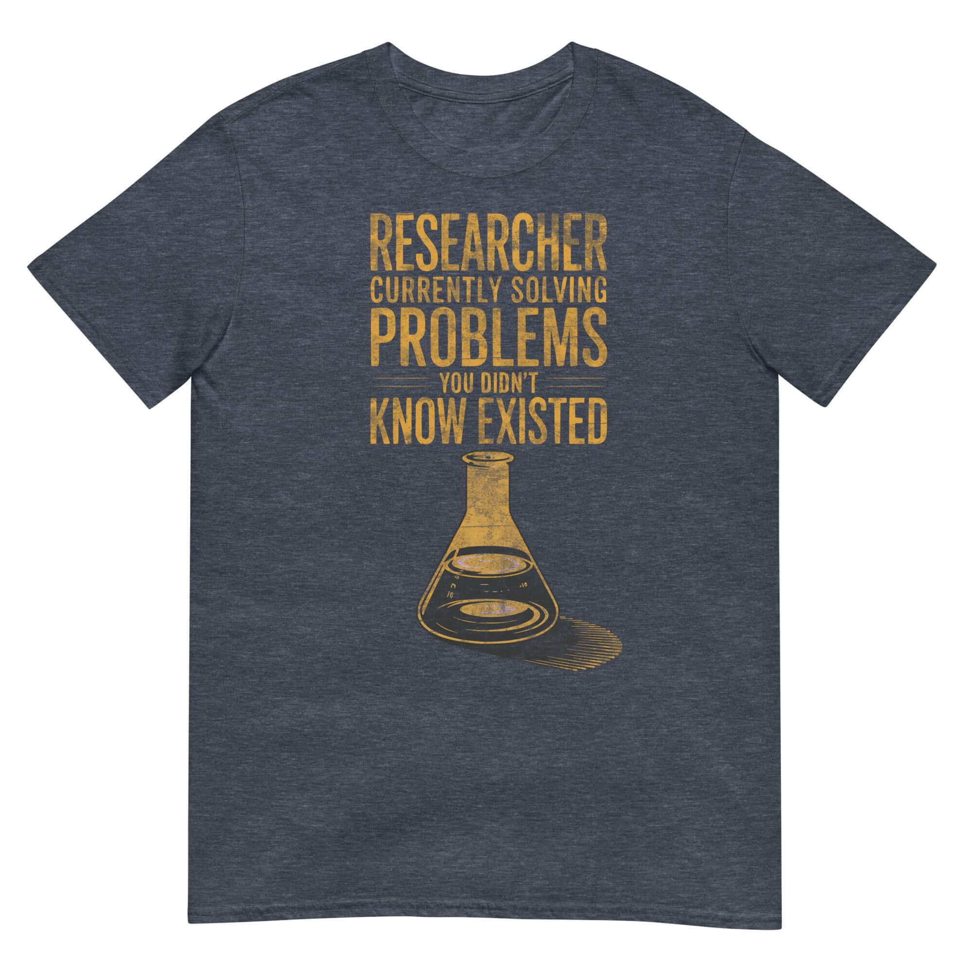 Researcher solving problems T-shirt featuring humorous scientist quote and beaker graphic, navy blue. Ideal for academics.