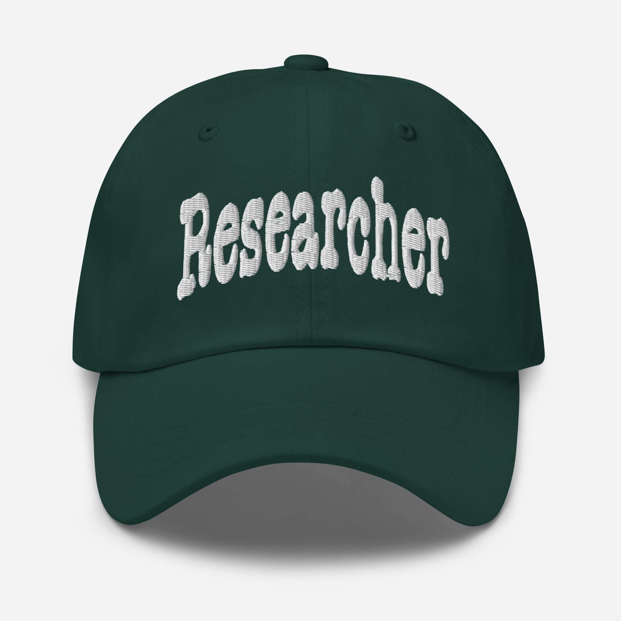 Dark green 'RESEARCHER' baseball cap for professionals who love asking questions and exploring the unknown.