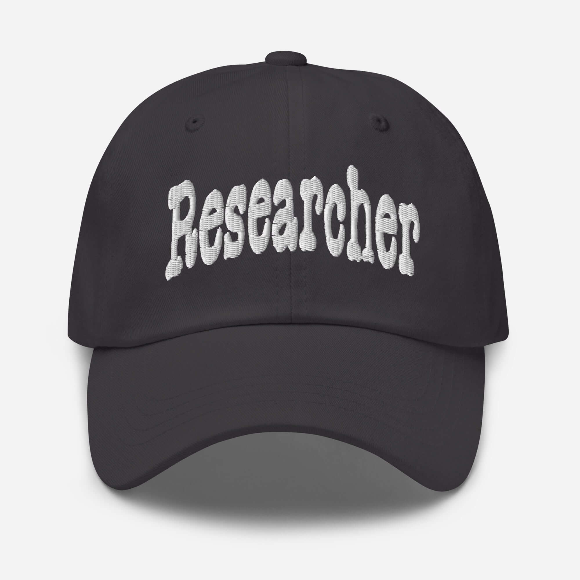 Black baseball cap with "Researcher" embroidered in bold white letters, ideal for professional question-askers and curious minds.