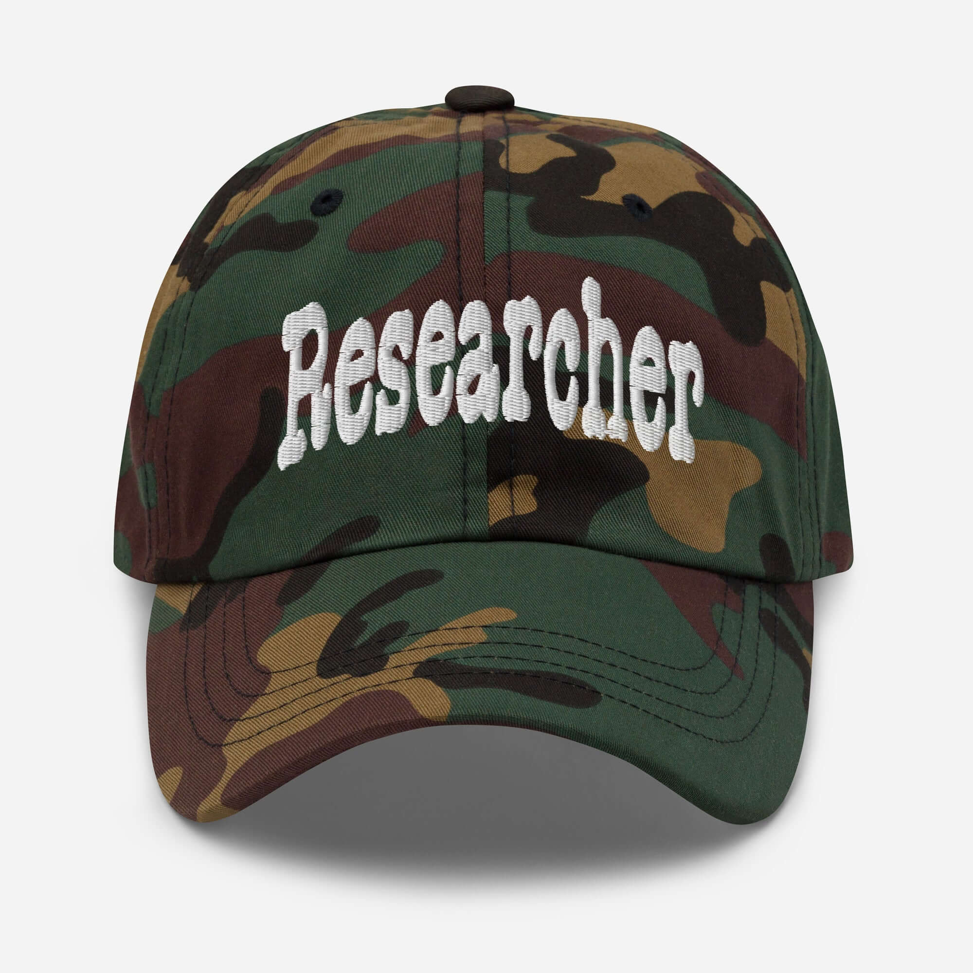 Camouflage baseball cap with 'Researcher' embroidered in white, ideal for professionals dedicated to inquiry and discovery.