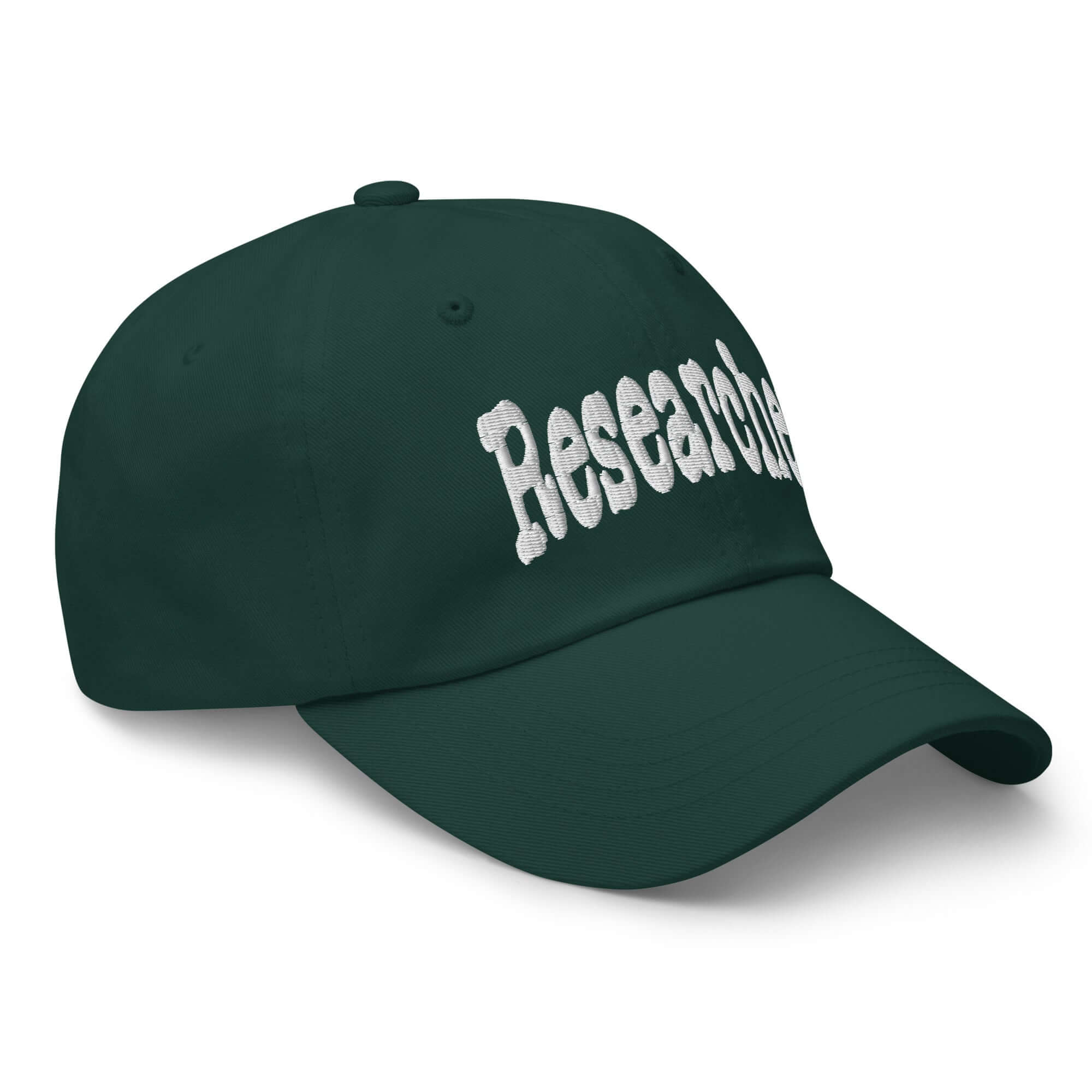 "Researcher" baseball cap in green, showcasing professional question-asking headwear for curious individuals.
