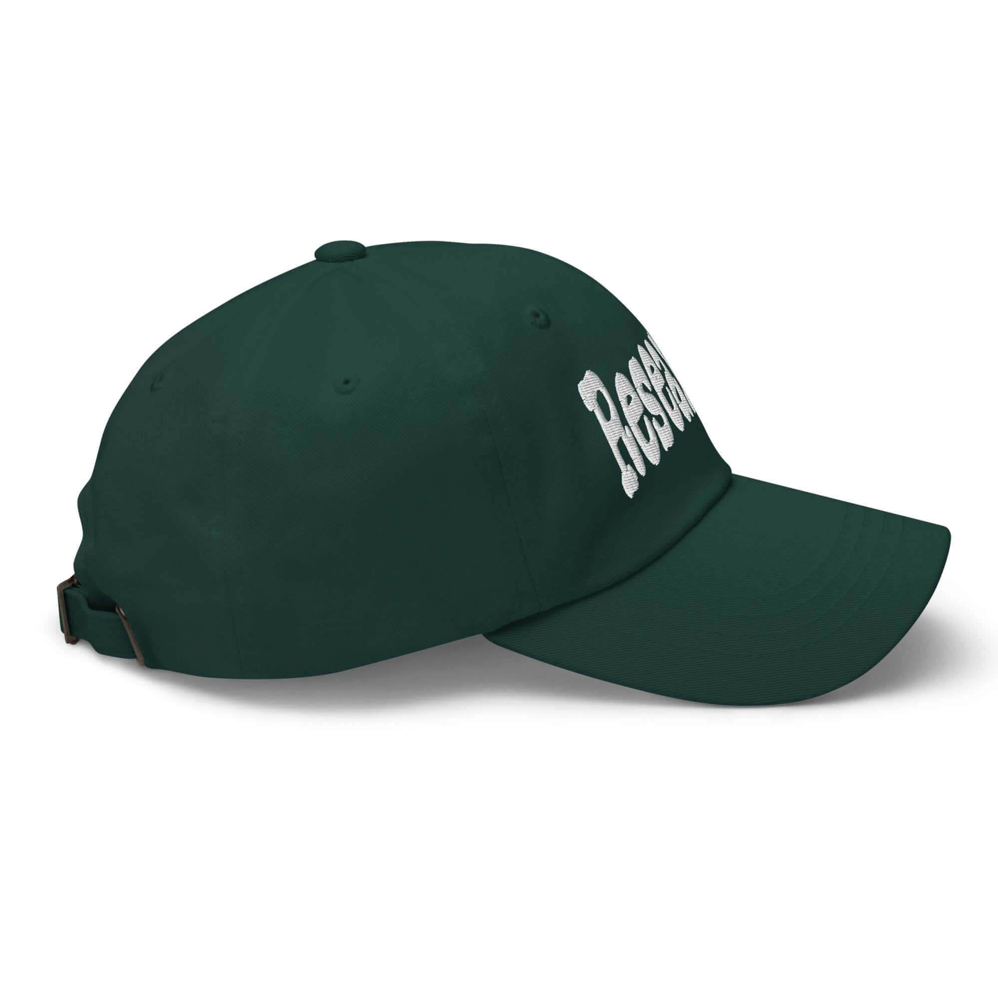 Dark green "RESEARCHER" baseball cap for professional inquiry enthusiasts, featuring side view with adjustable strap.